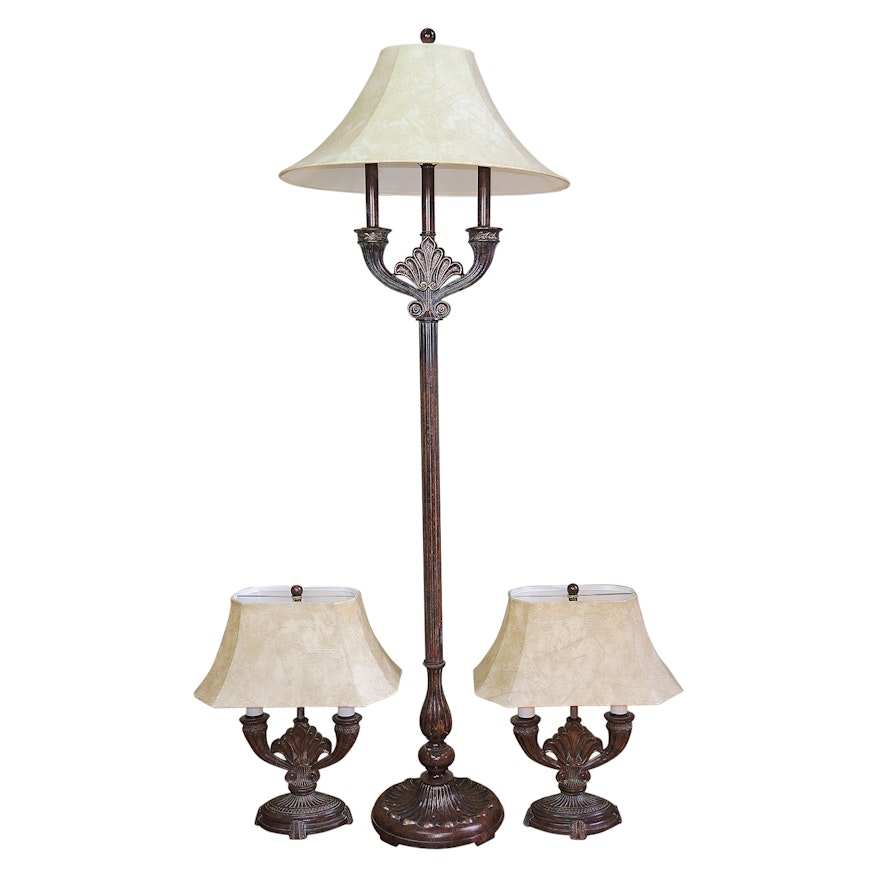 Neoclassical Style Metal Floor Lamp with Matching Pair of Table Lamps