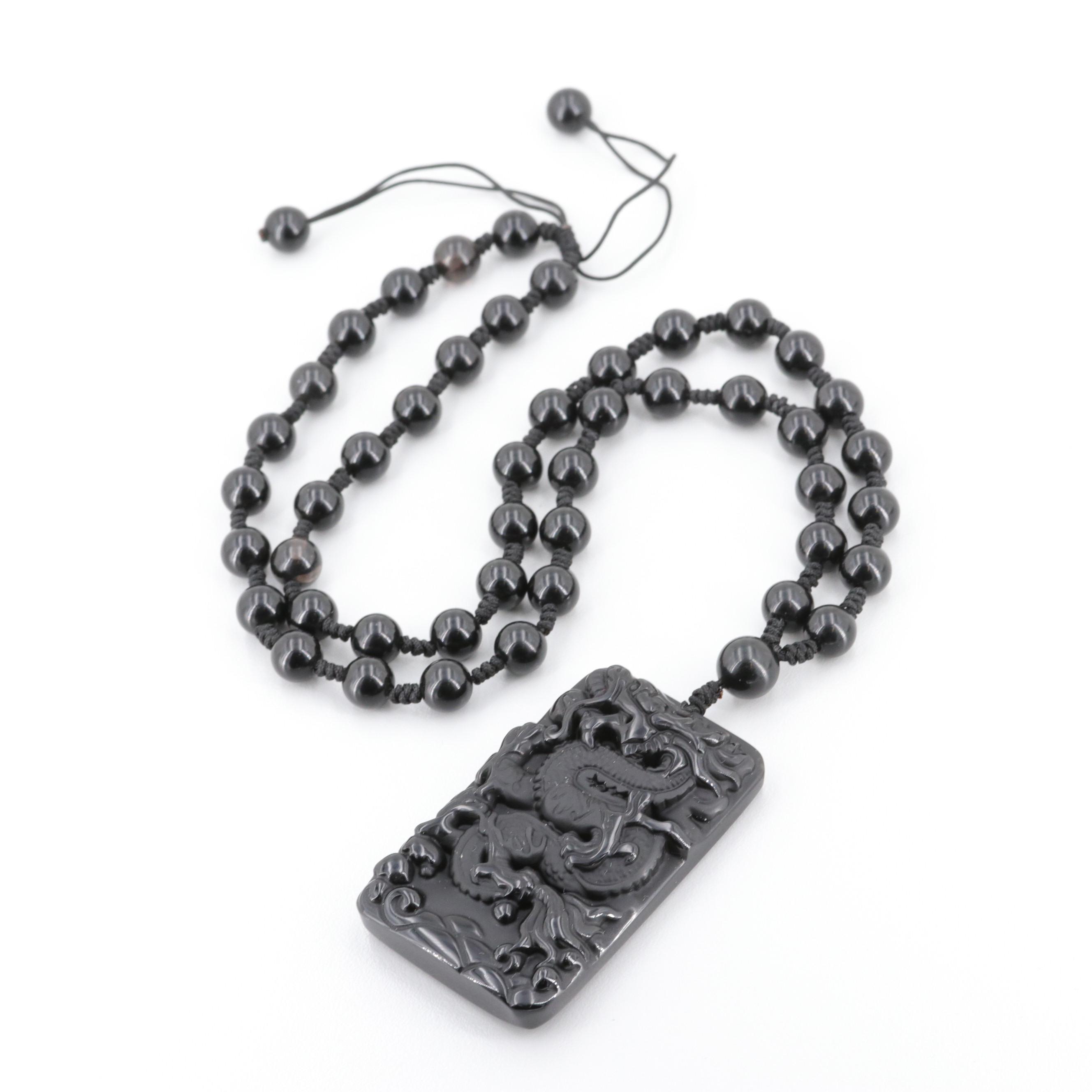 Black Onyx Asian Style Dragon Pendant Necklace