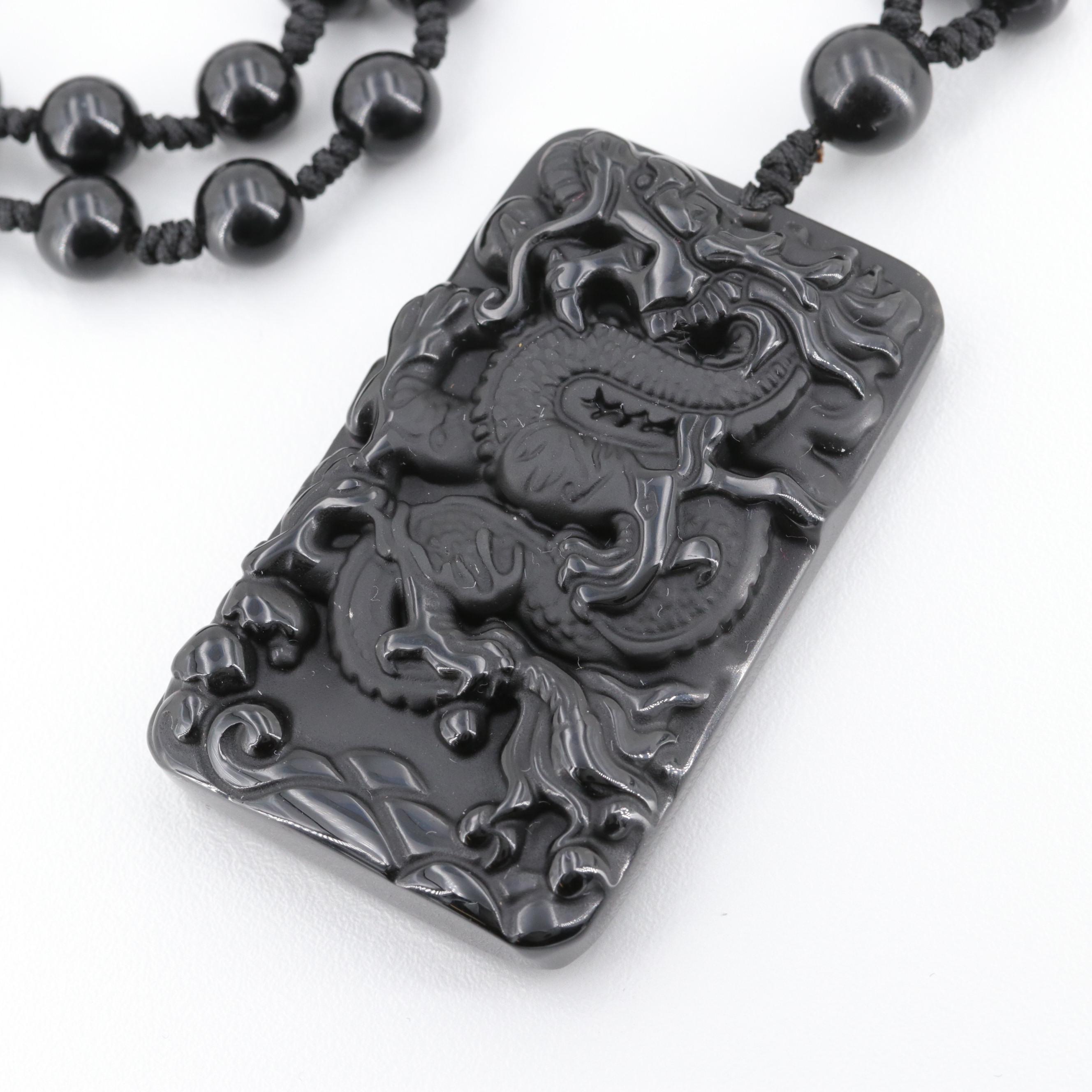 Black Onyx Asian Style Dragon Pendant Necklace