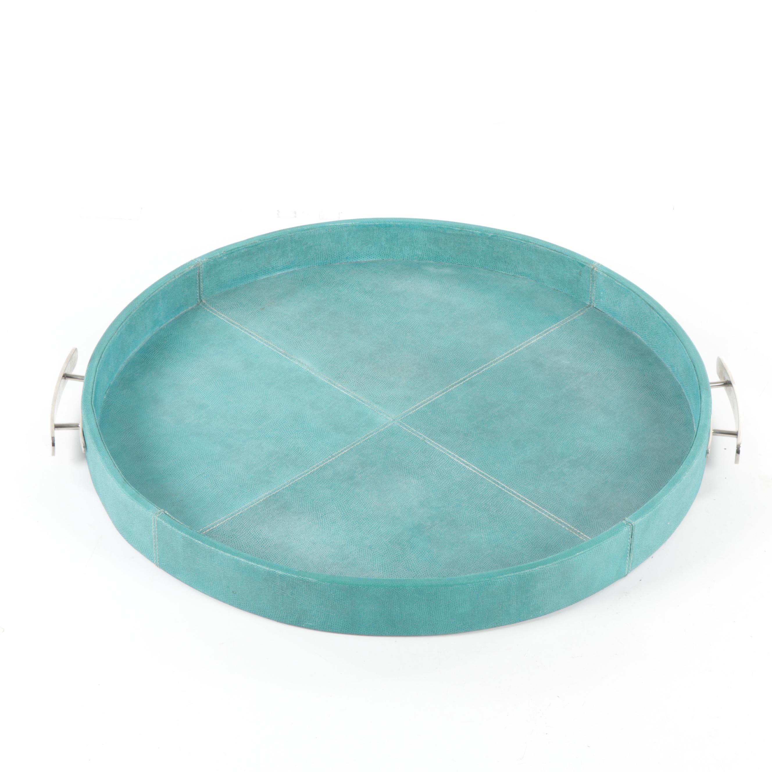 Aqua Blue Shagreen Leather Wrapped Large Serving Tray