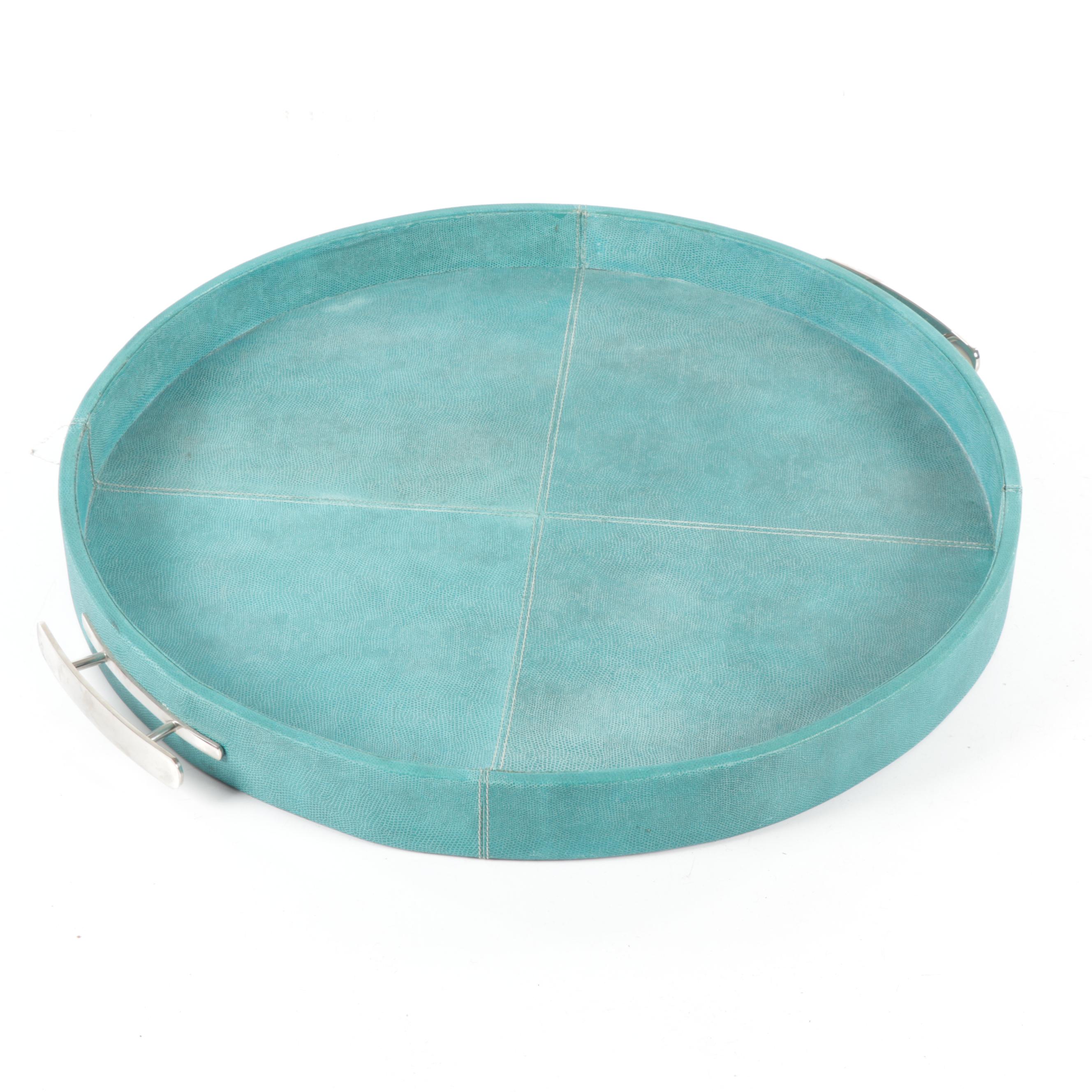 Aqua Blue Shagreen Leather Wrapped Large Serving Tray
