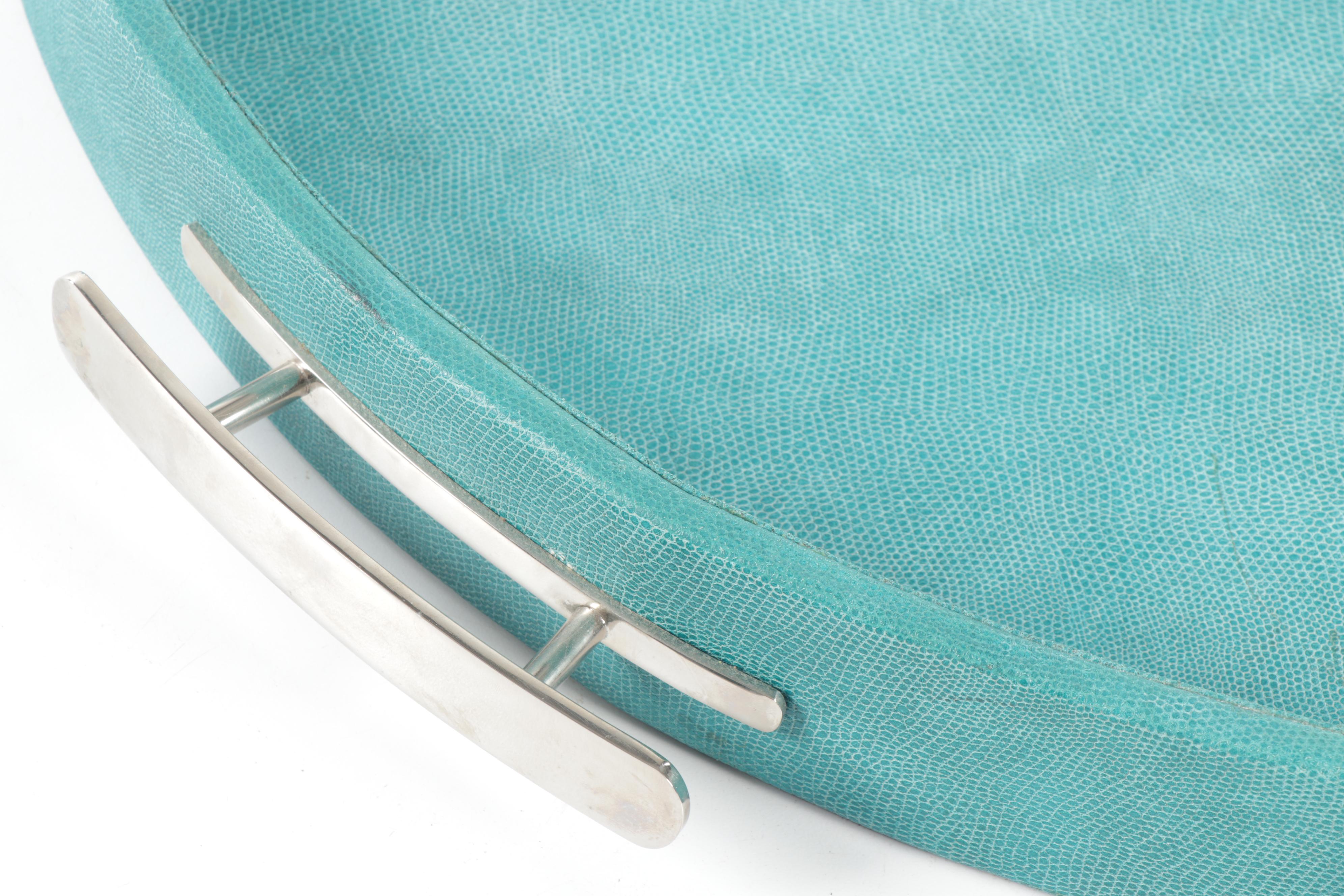 Aqua Blue Shagreen Leather Wrapped Large Serving Tray