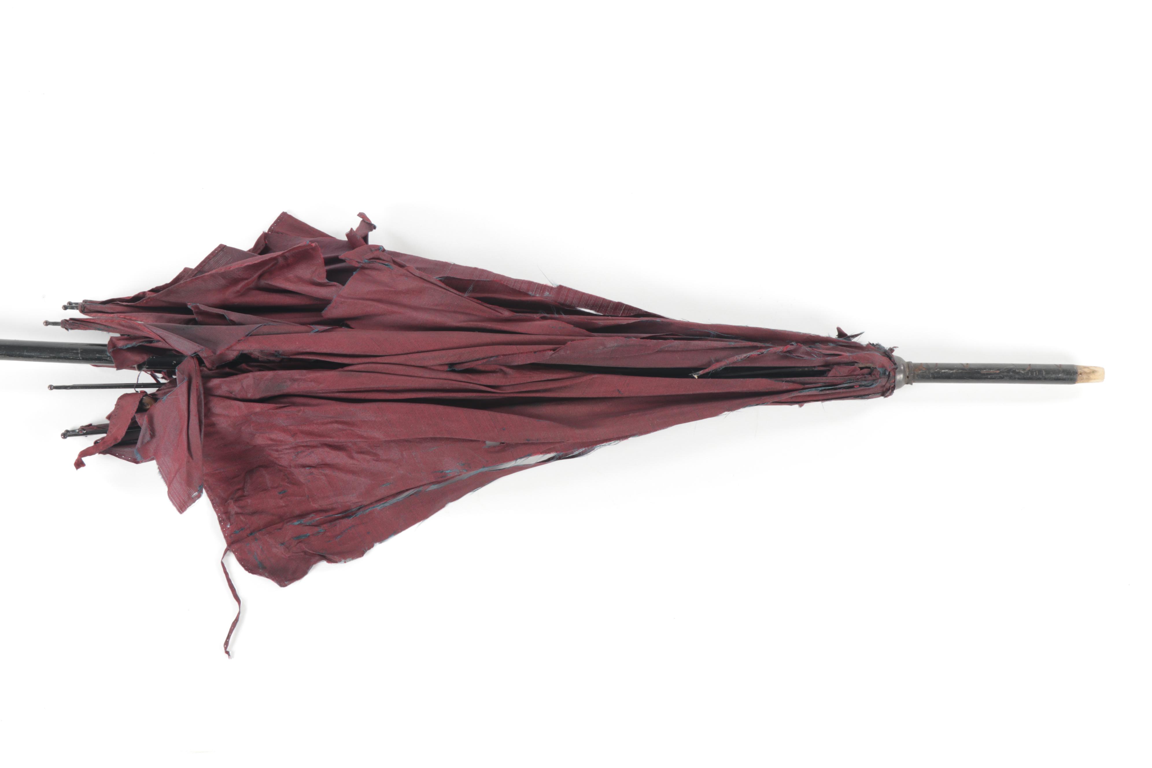 Silk Umbrella with Brass-Riveted Wooden Handle, Antique