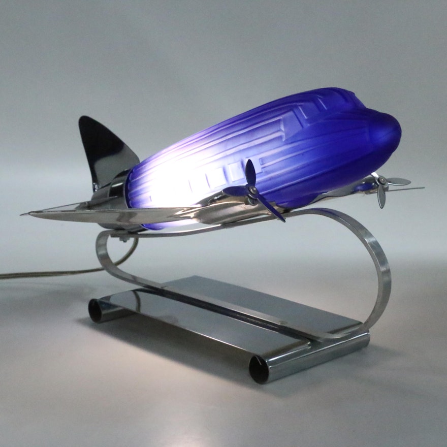 Art Deco Frosted Blue Glass and Metal Airplane Lamp by Sarsaparilla, 1977