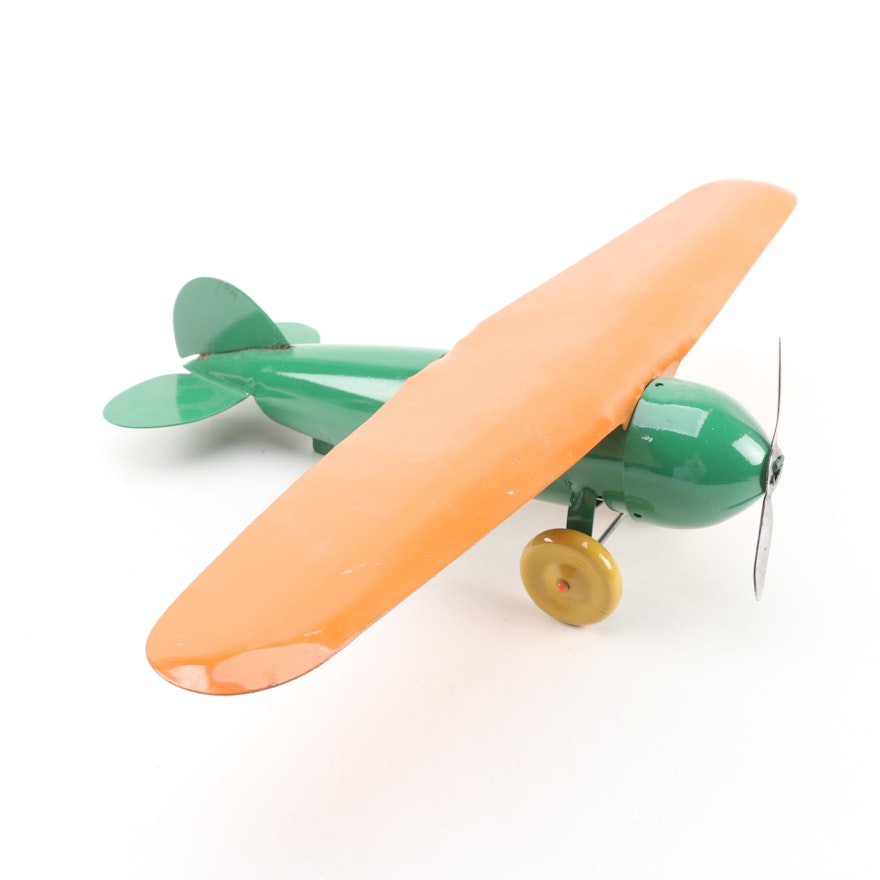 Green and Orange Toy Metal Airplane, Vintage