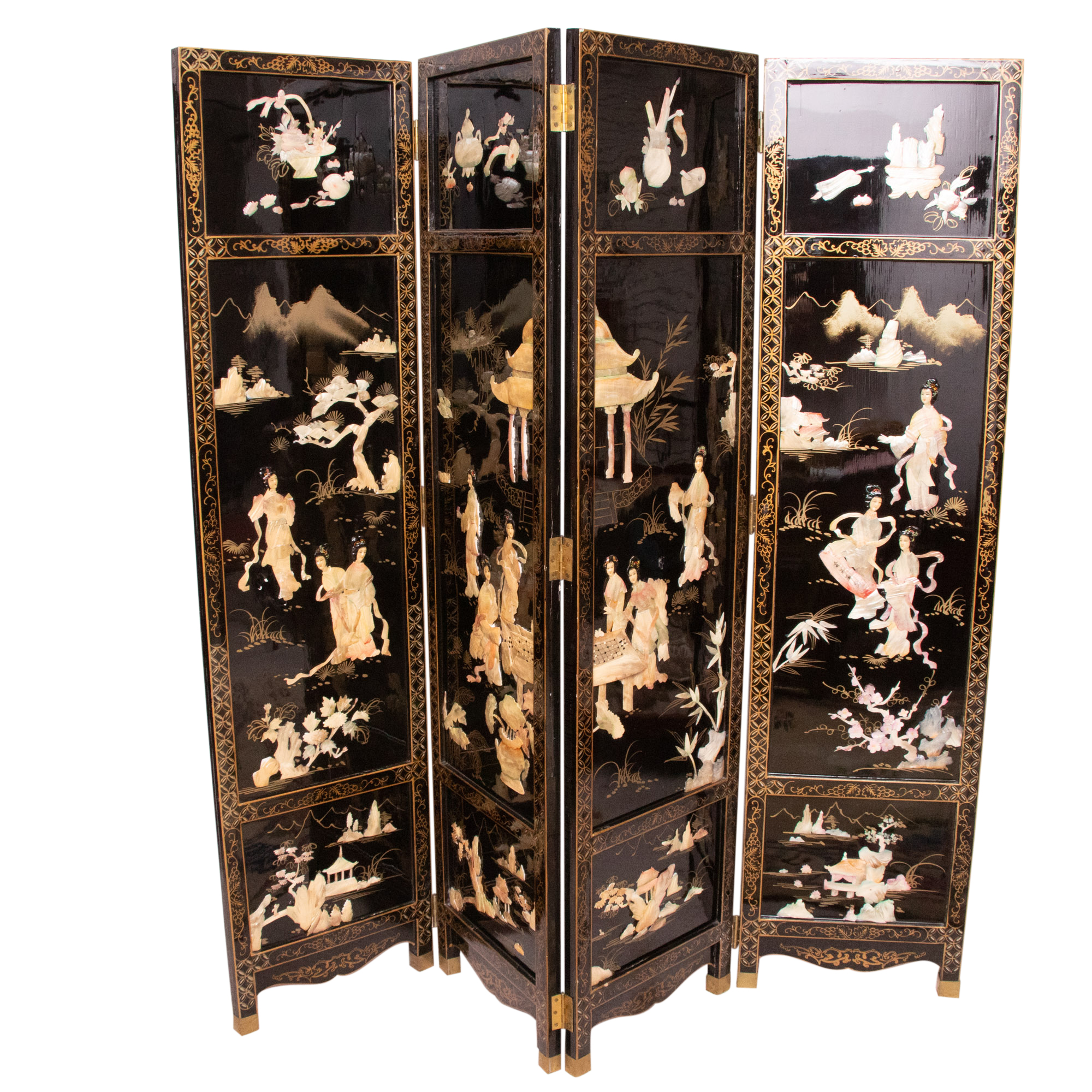 Chinese Black Lacquer Room Divider with Applied Mother of Pearl