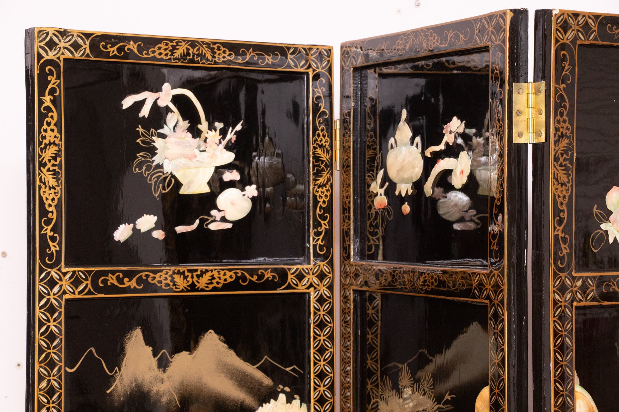 Chinese Black Lacquer Room Divider with Applied Mother of Pearl