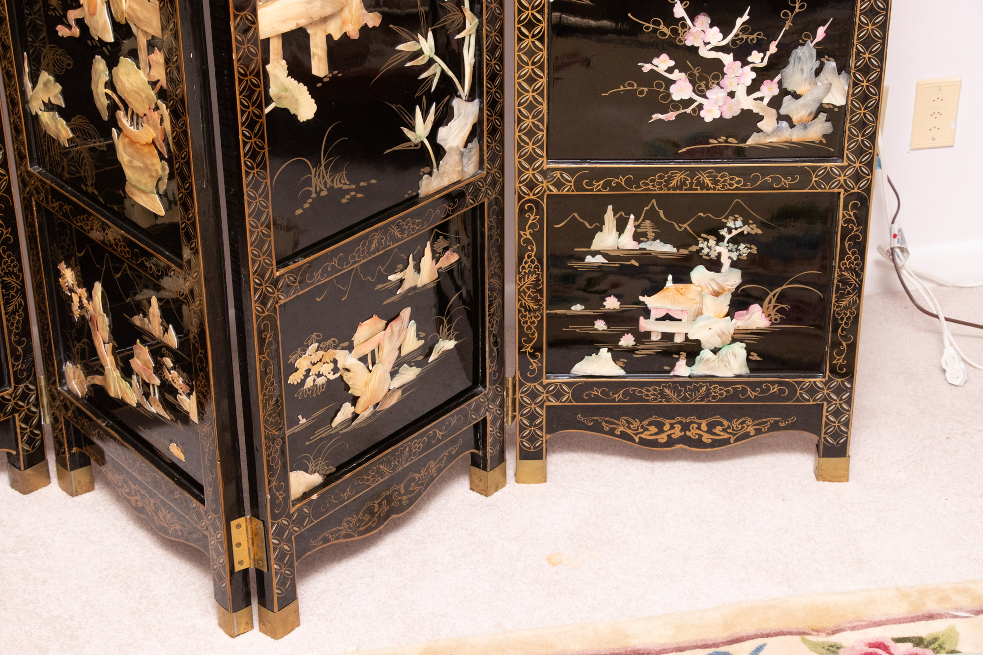 Chinese Black Lacquer Room Divider with Applied Mother of Pearl
