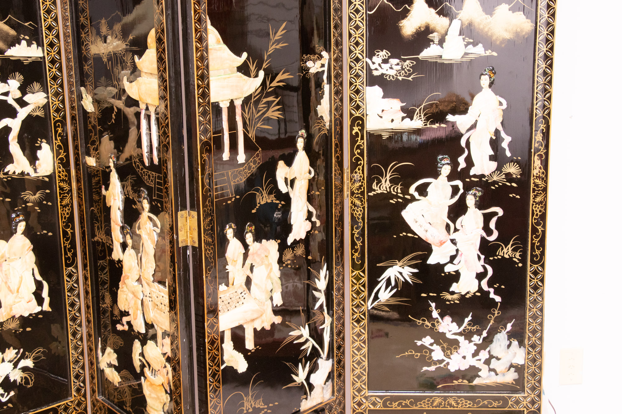 Chinese Black Lacquer Room Divider with Applied Mother of Pearl