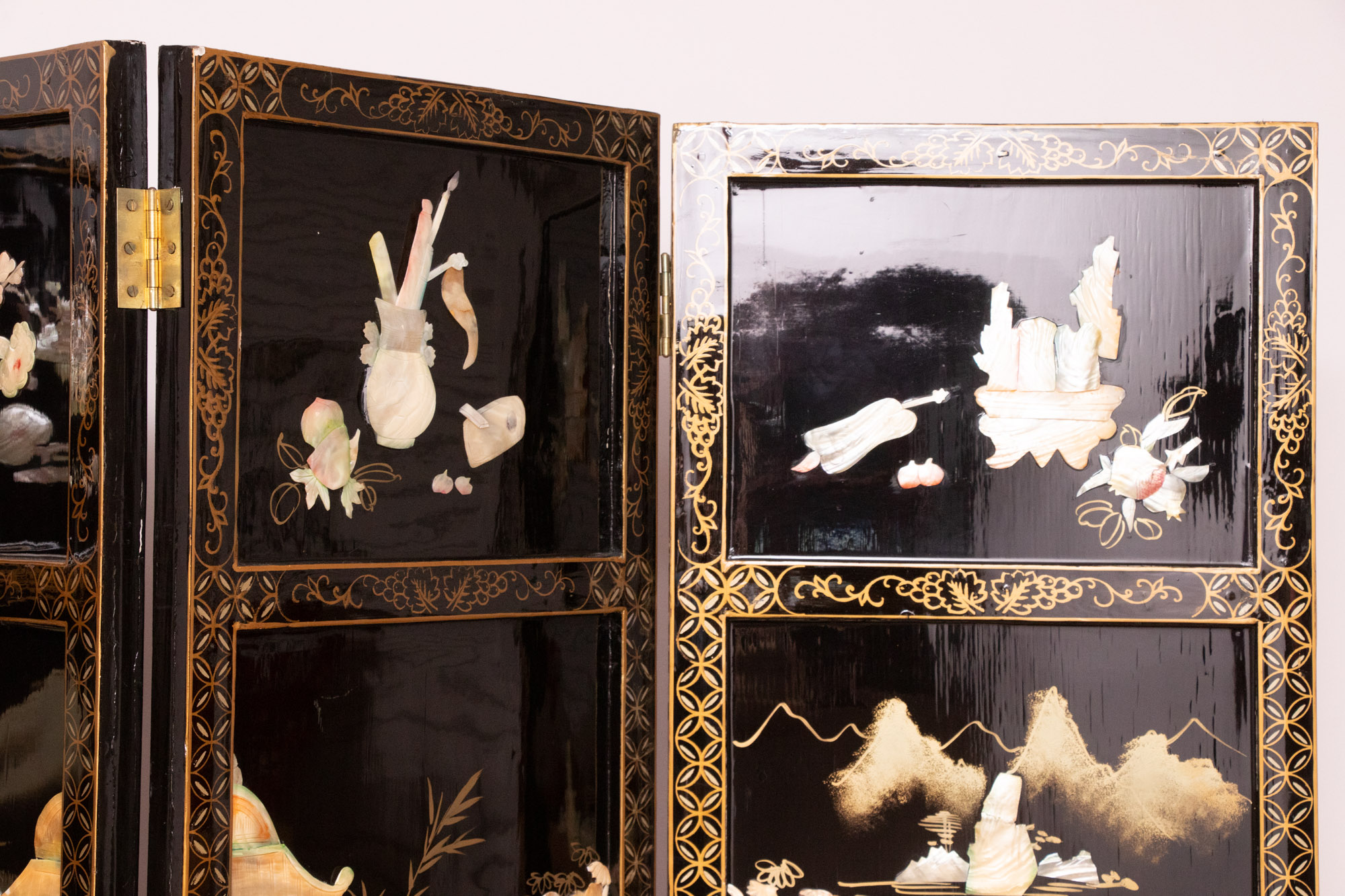 Chinese Black Lacquer Room Divider with Applied Mother of Pearl