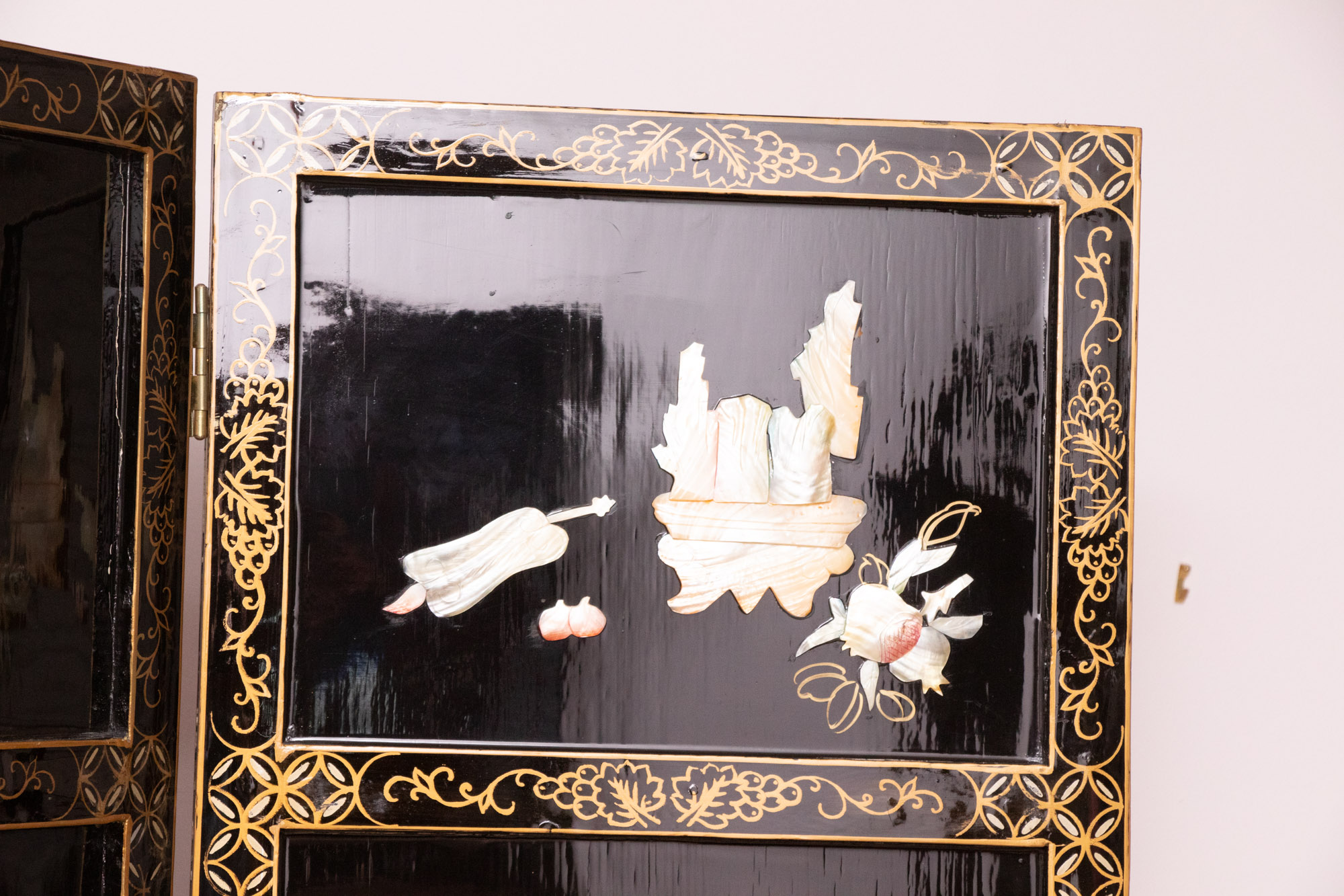 Chinese Black Lacquer Room Divider with Applied Mother of Pearl