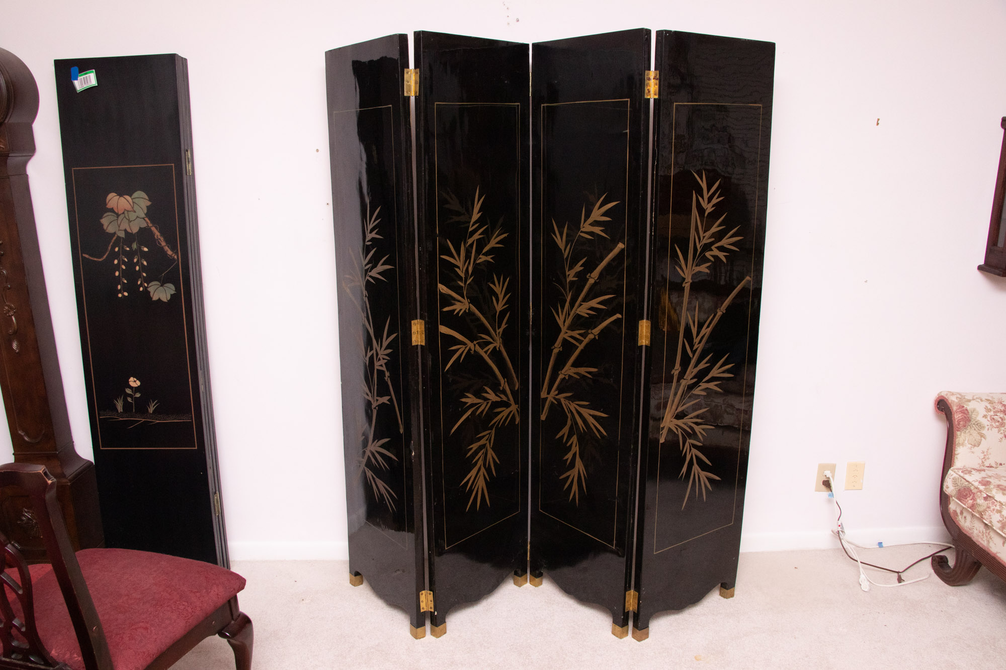 Chinese Black Lacquer Room Divider with Applied Mother of Pearl