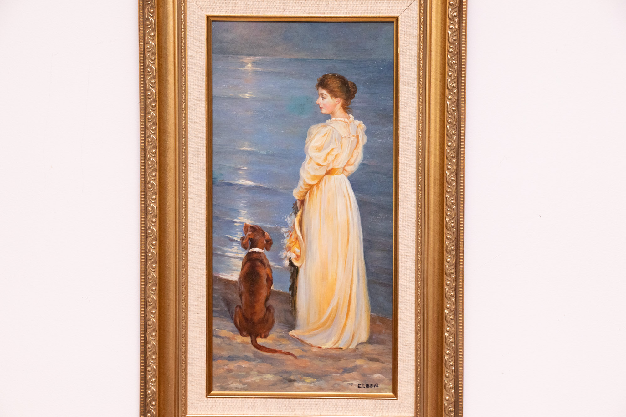 Eleon Oil Painting of Women and Dog at Beach