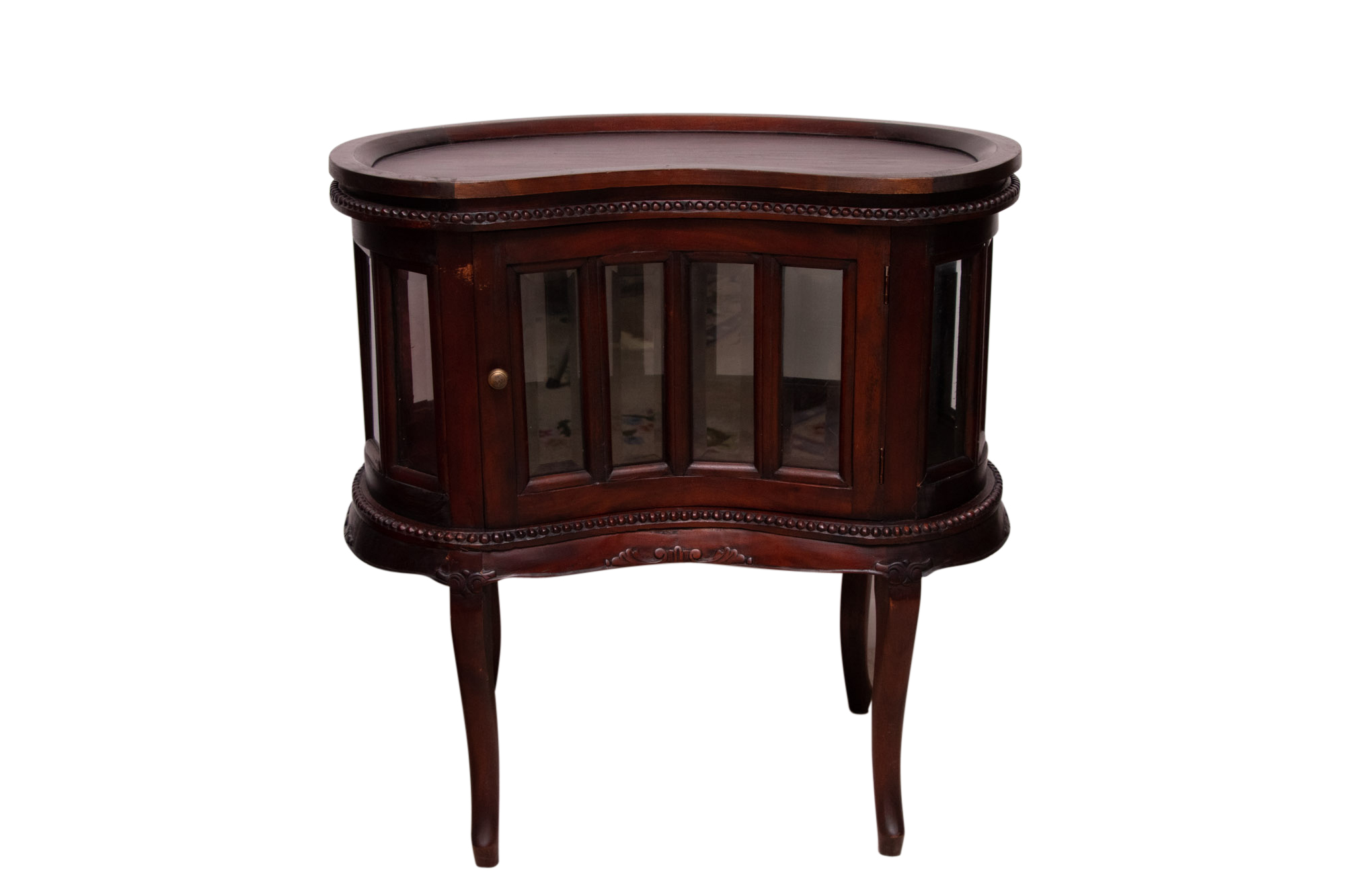 Vintage Kidney Shaped Wood and Glass Display Cabinet