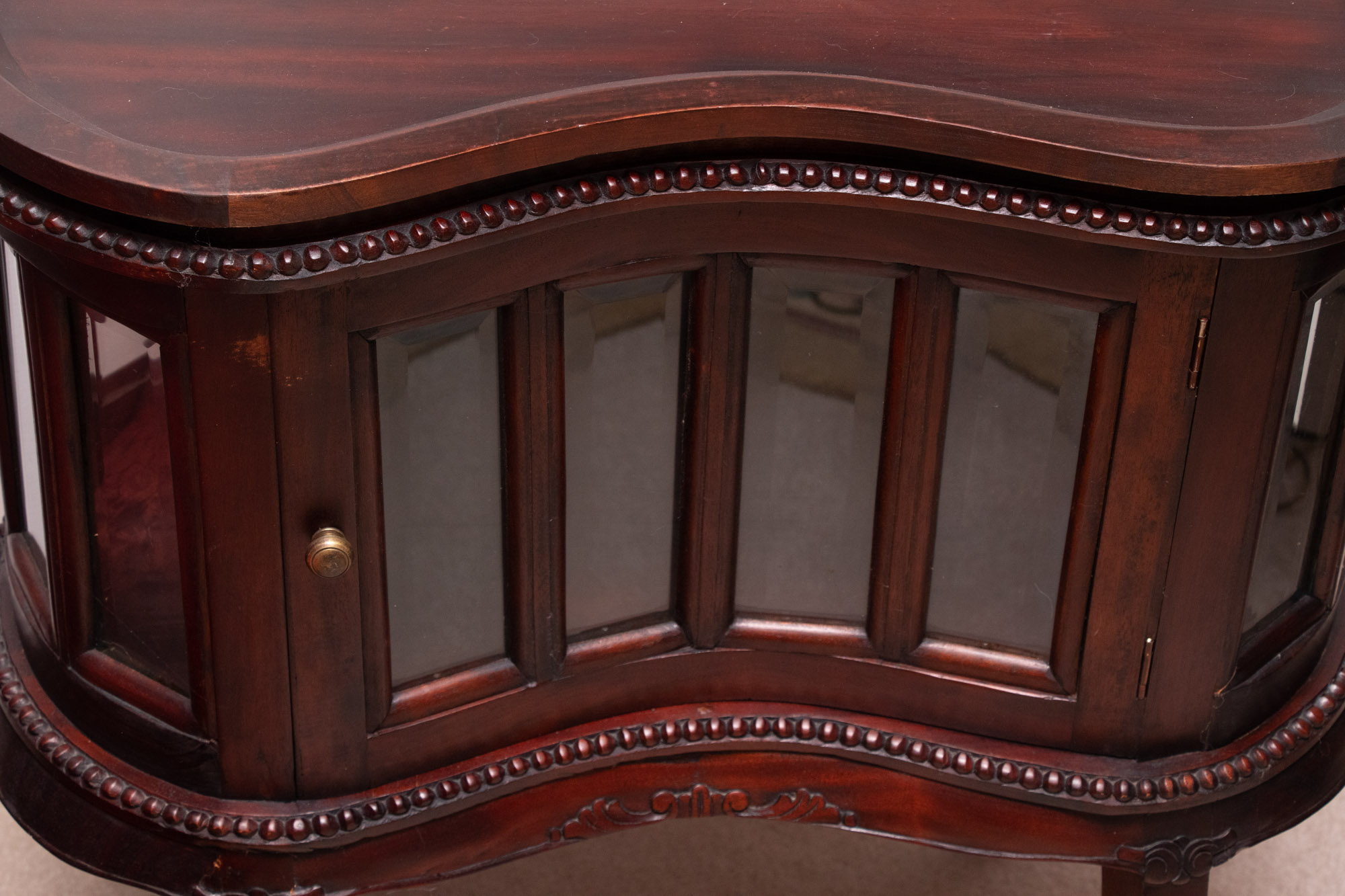 Vintage Kidney Shaped Wood and Glass Display Cabinet