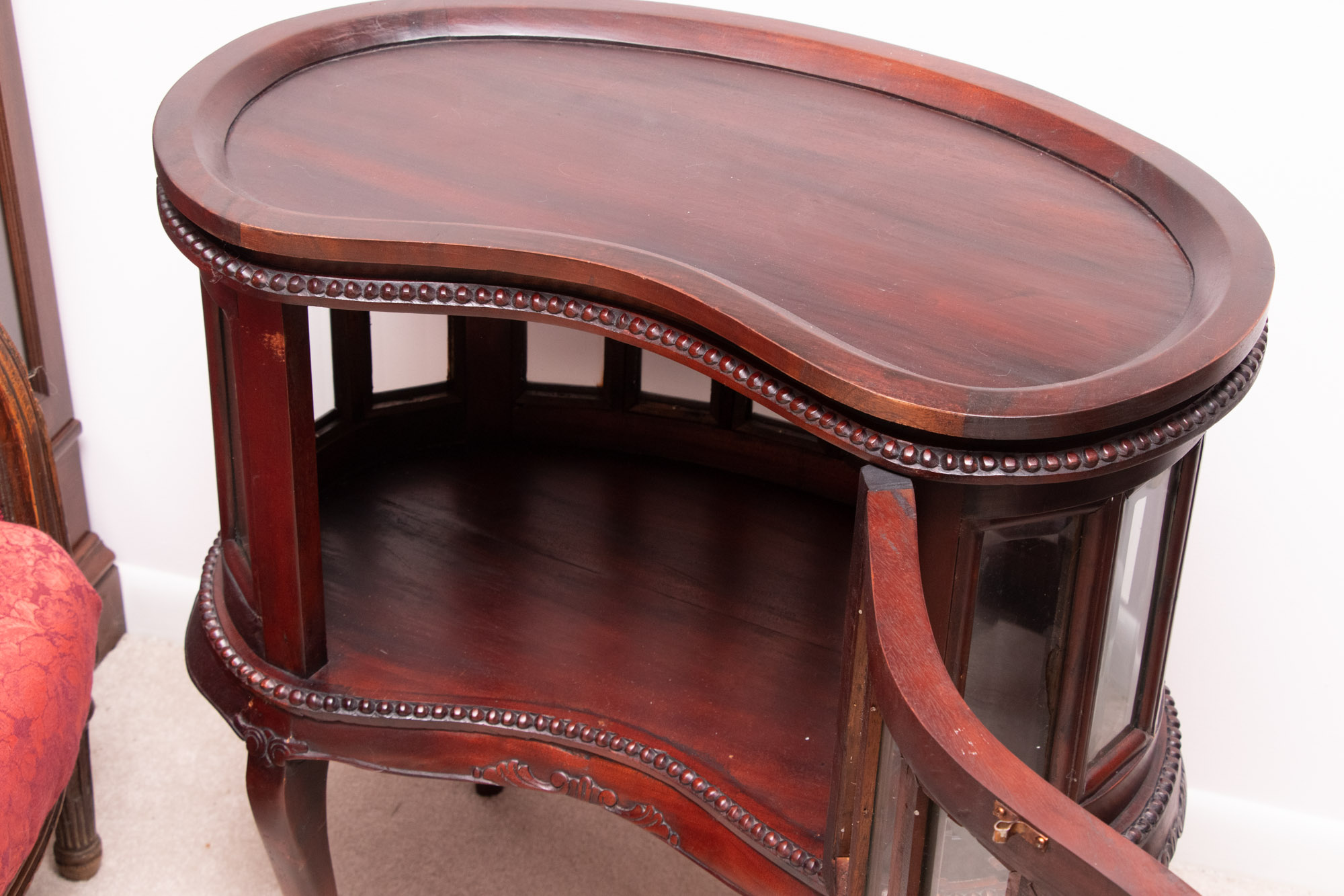 Vintage Kidney Shaped Wood and Glass Display Cabinet