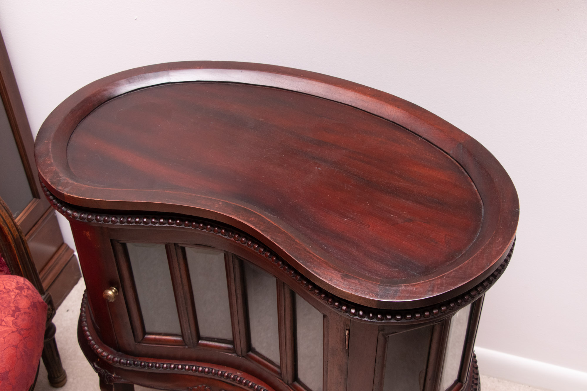 Vintage Kidney Shaped Wood and Glass Display Cabinet