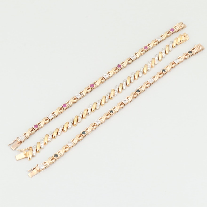 Gold Wash on Sterling Silver Tennis Bracelets with Gemstones and Diamonds