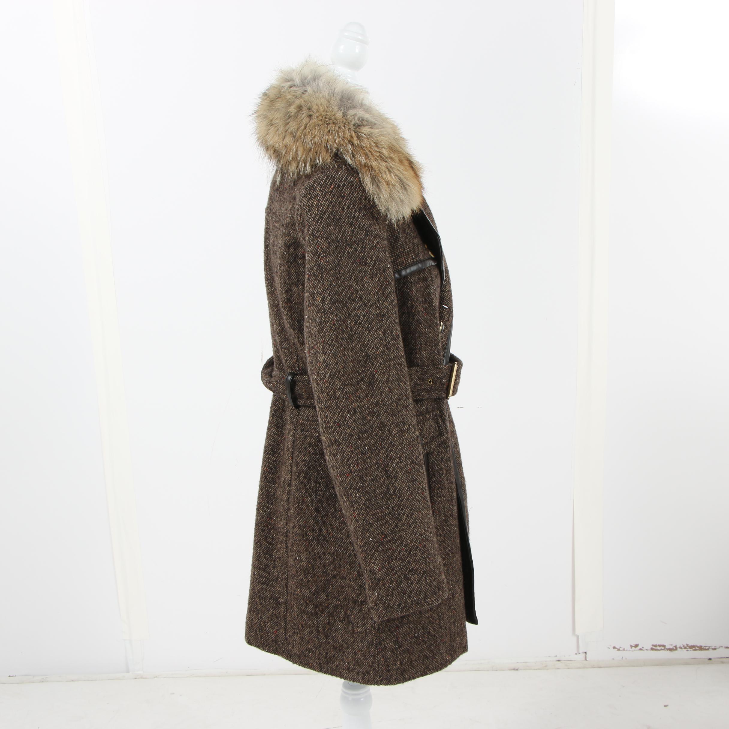 MICHAEL Michael Kors Double-Breasted Tweed Coat with Coyote Fur Collar