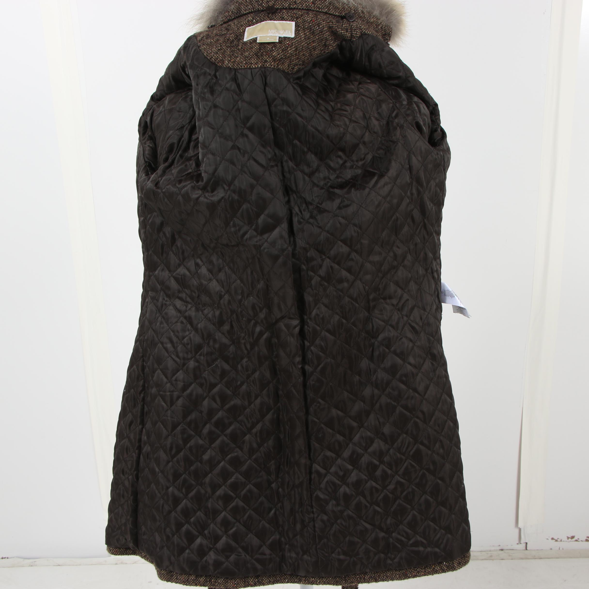 MICHAEL Michael Kors Double-Breasted Tweed Coat with Coyote Fur Collar