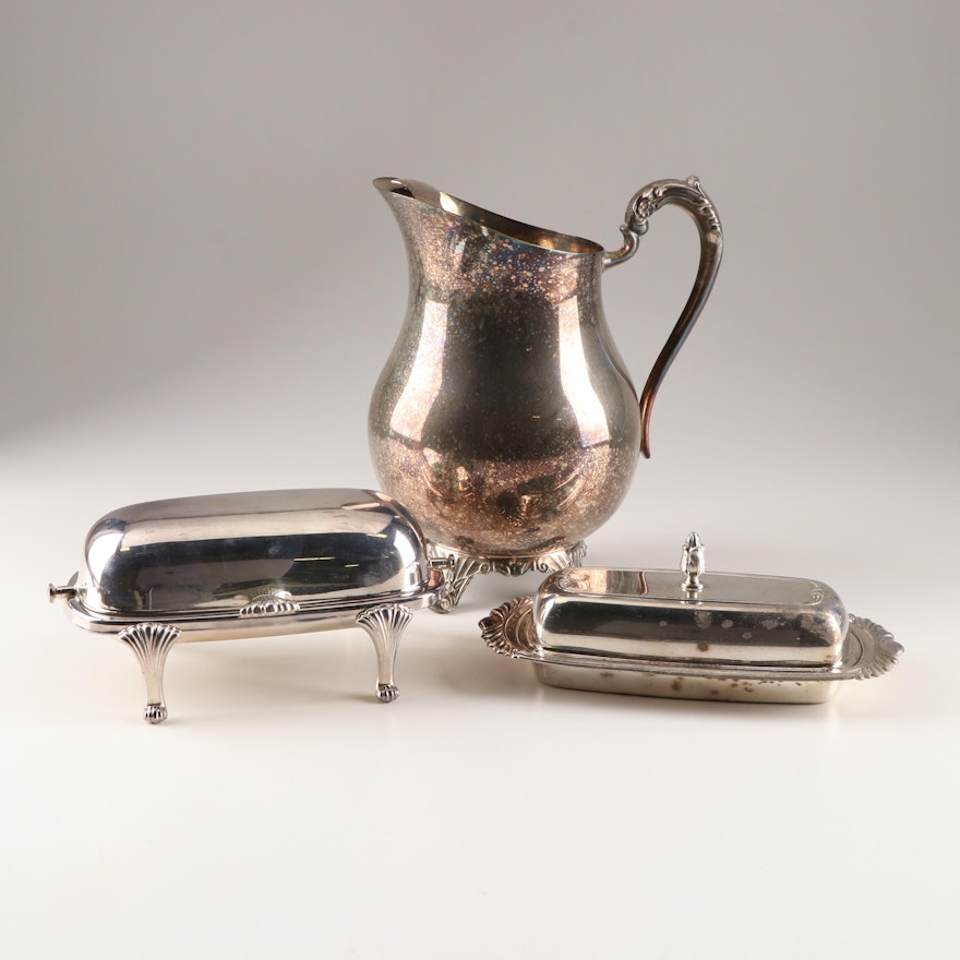 Silver Plated Pitcher and Covered Butter Servers