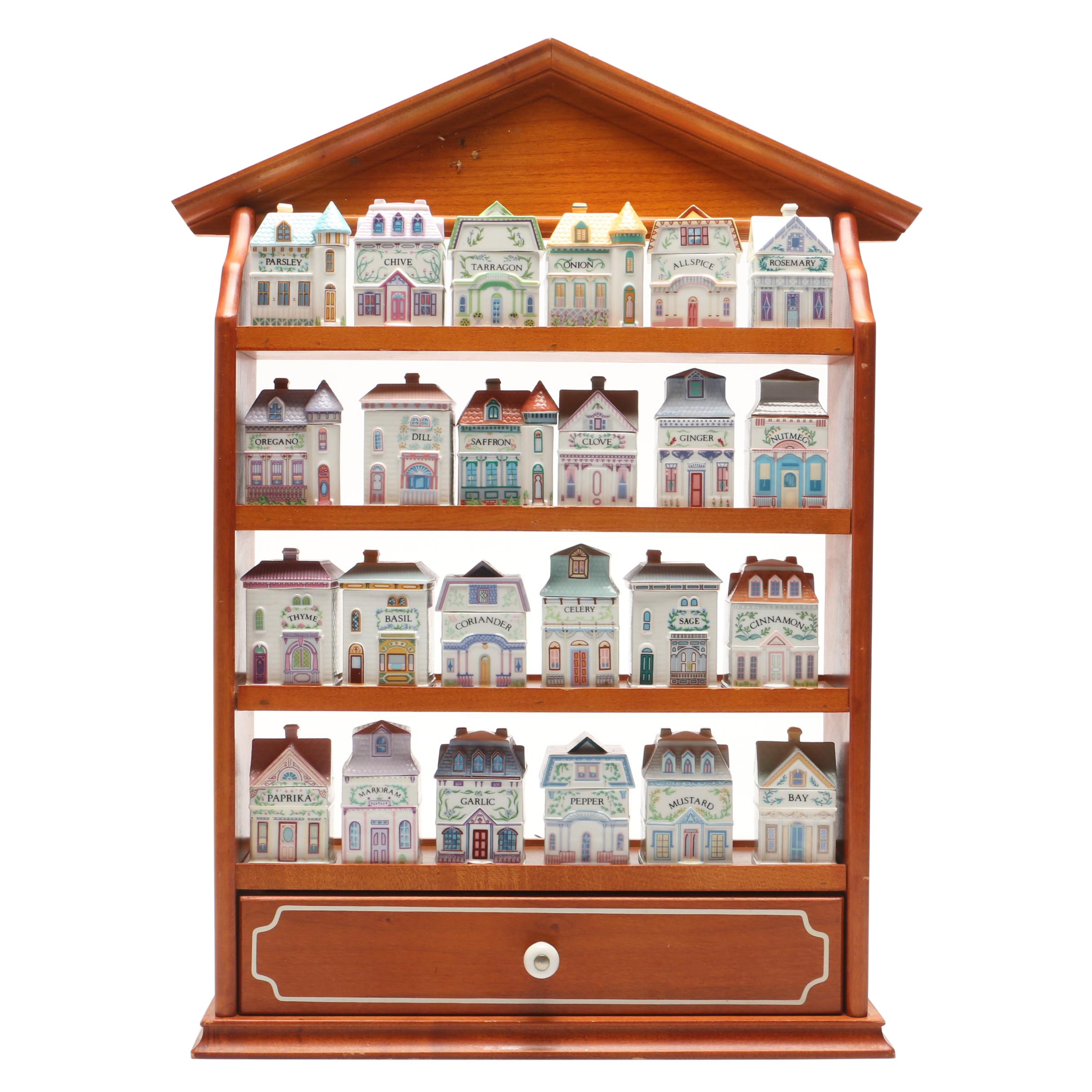 Lenox "Spice Village" Porcelain Spice Jars and Others with Wood Display Rack