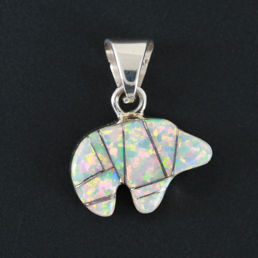 Southwestern Sterling Spirit Bear Pendant with Synthetic Opal and Jasper