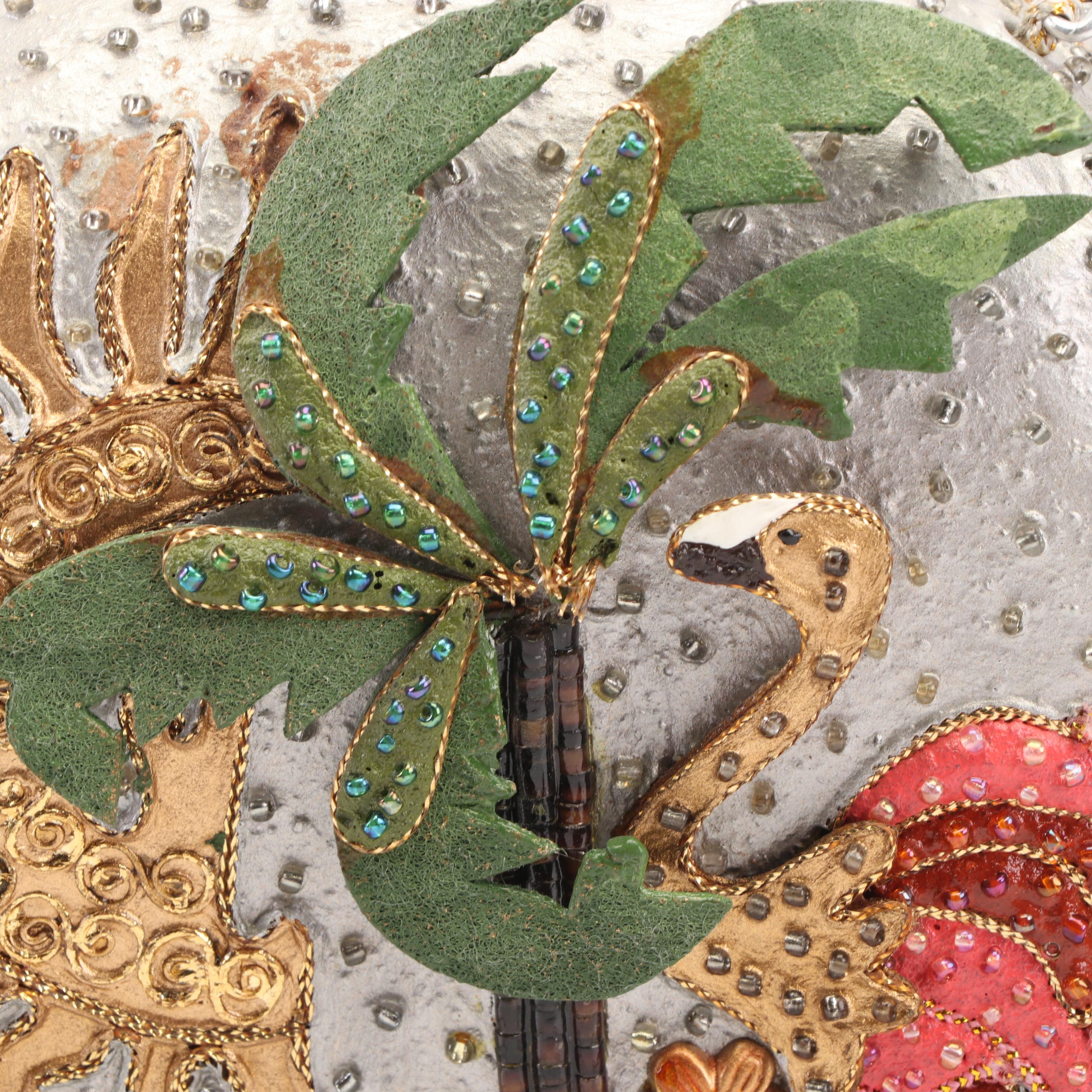 Mary Frances of San Francisco Embellished Palm Tree and Flamingo Clamshell Purse