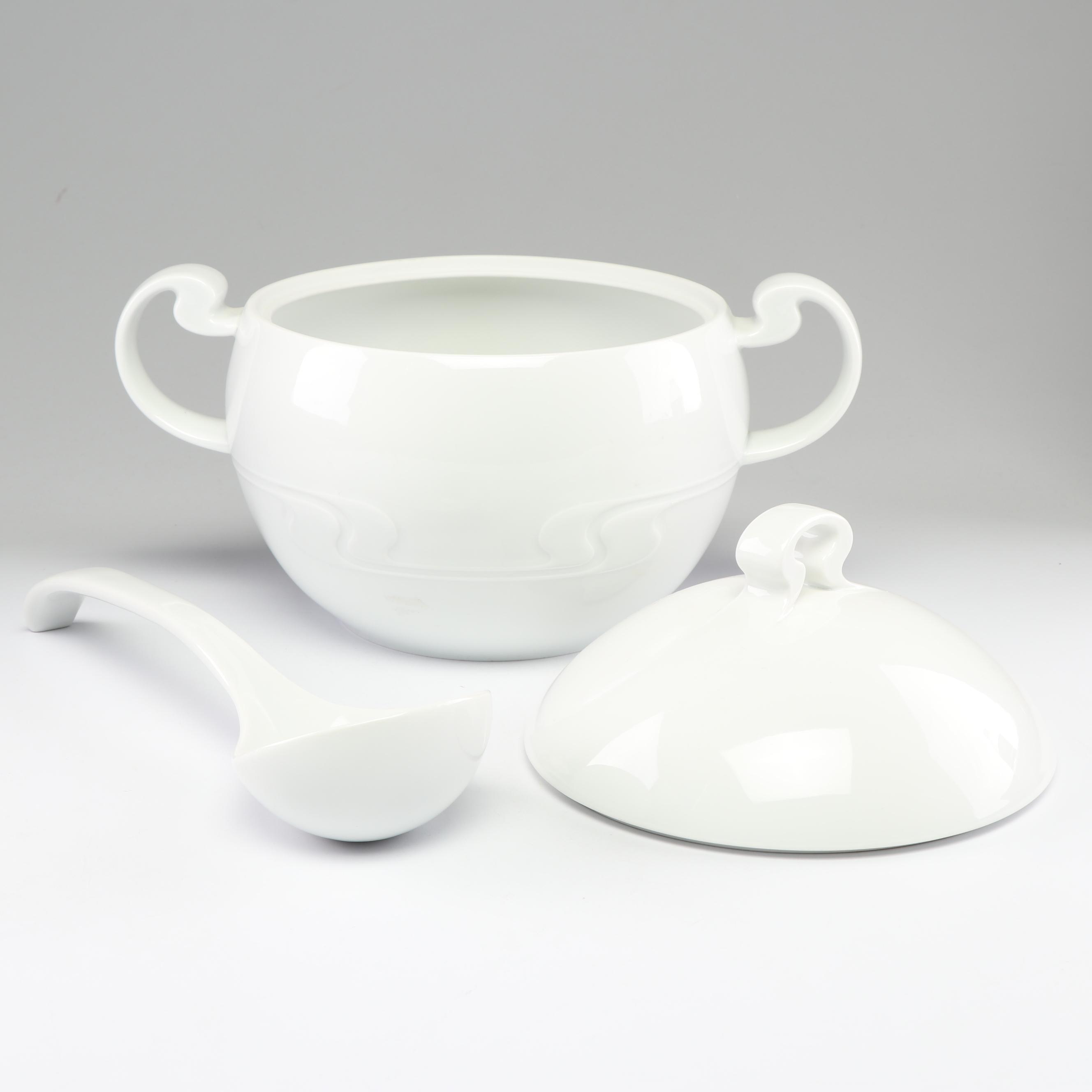 Rosenthal "Asymmetria" White Porcelain Soup Tureen with Ladle, Late 20th Century