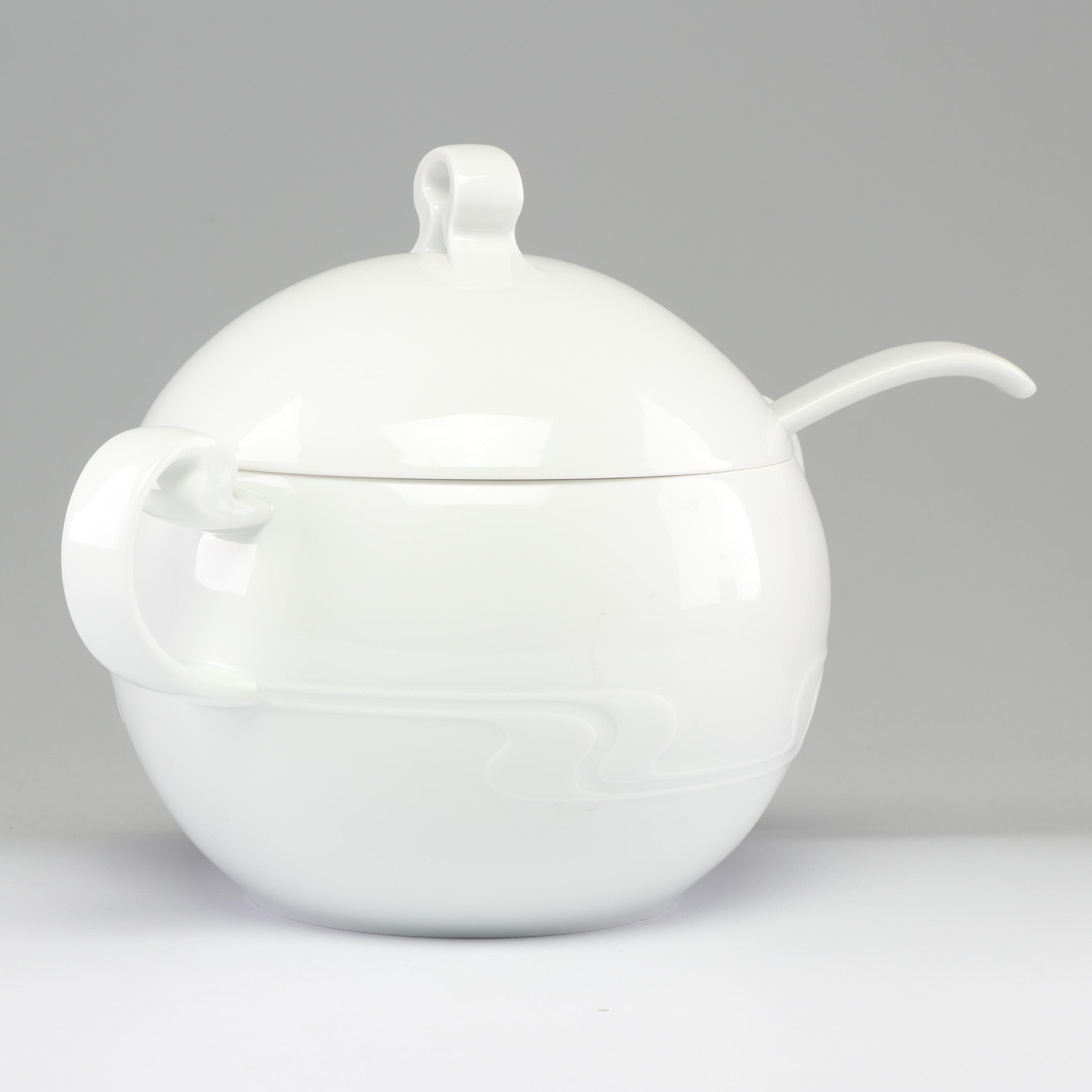 Rosenthal "Asymmetria" White Porcelain Soup Tureen with Ladle, Late 20th Century