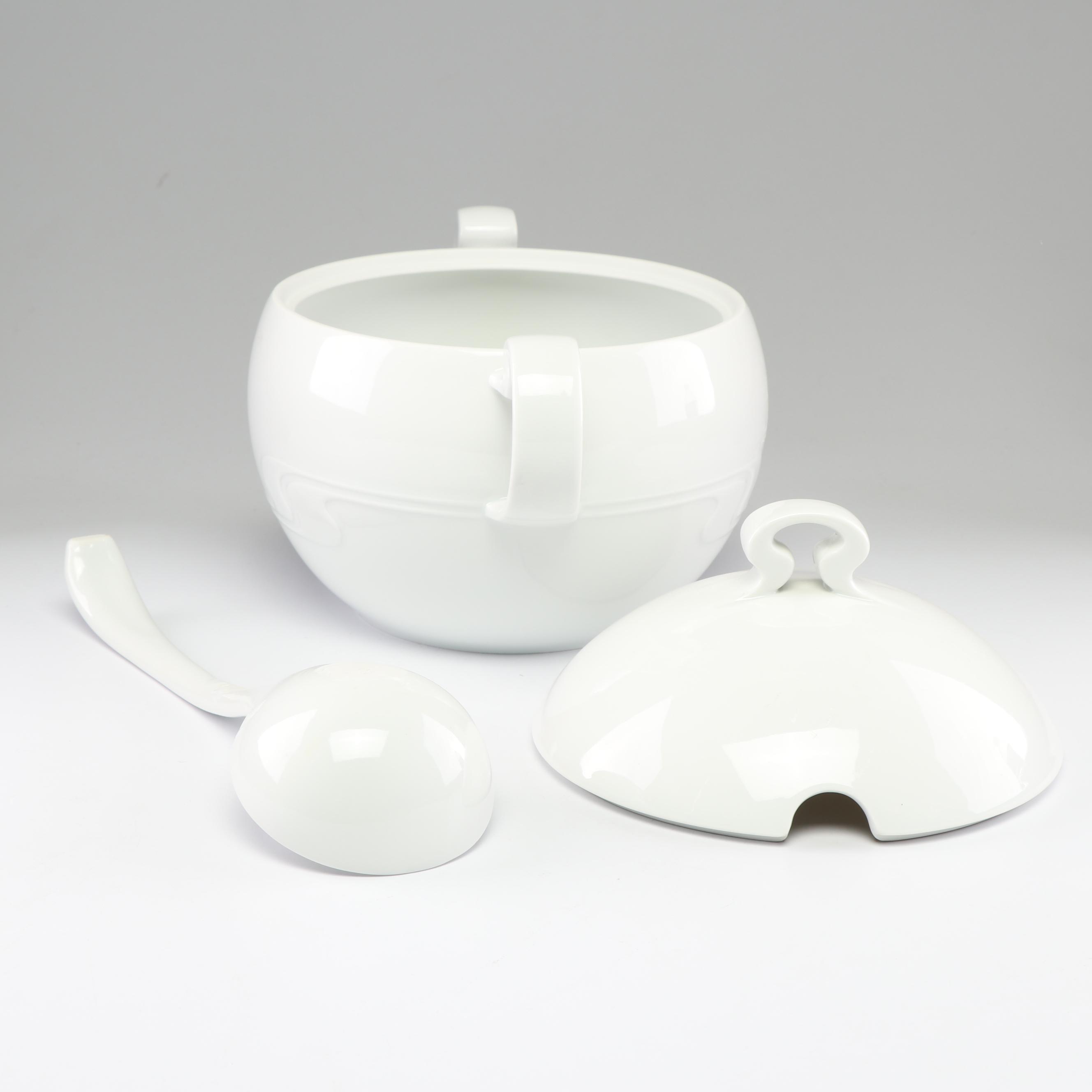 Rosenthal "Asymmetria" White Porcelain Soup Tureen with Ladle, Late 20th Century