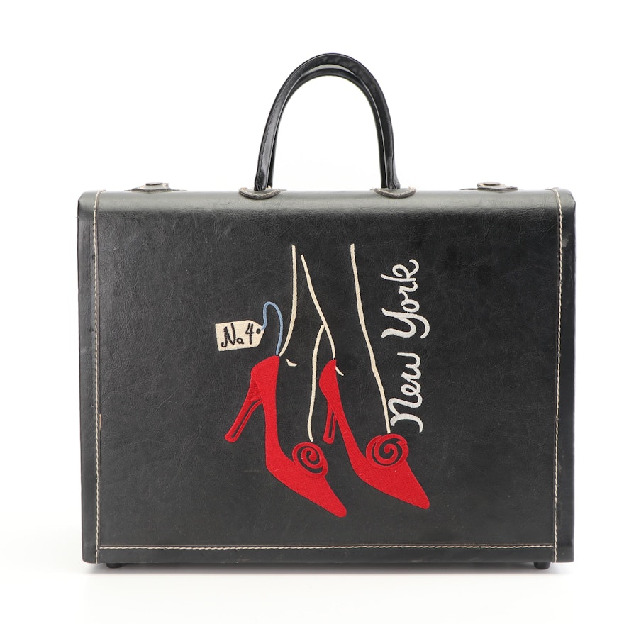 "New York" Red High Heels Embroidered Train Case, Vintage