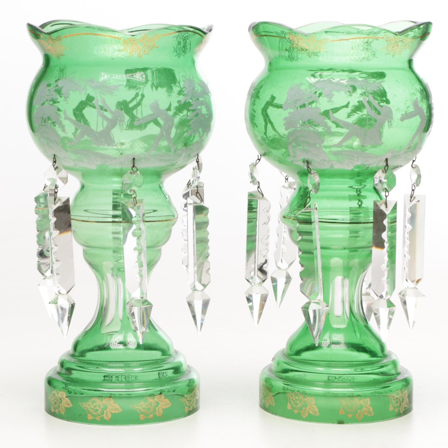 Printed Green Glass Mantel Lustres with Crystal Spear Prisms