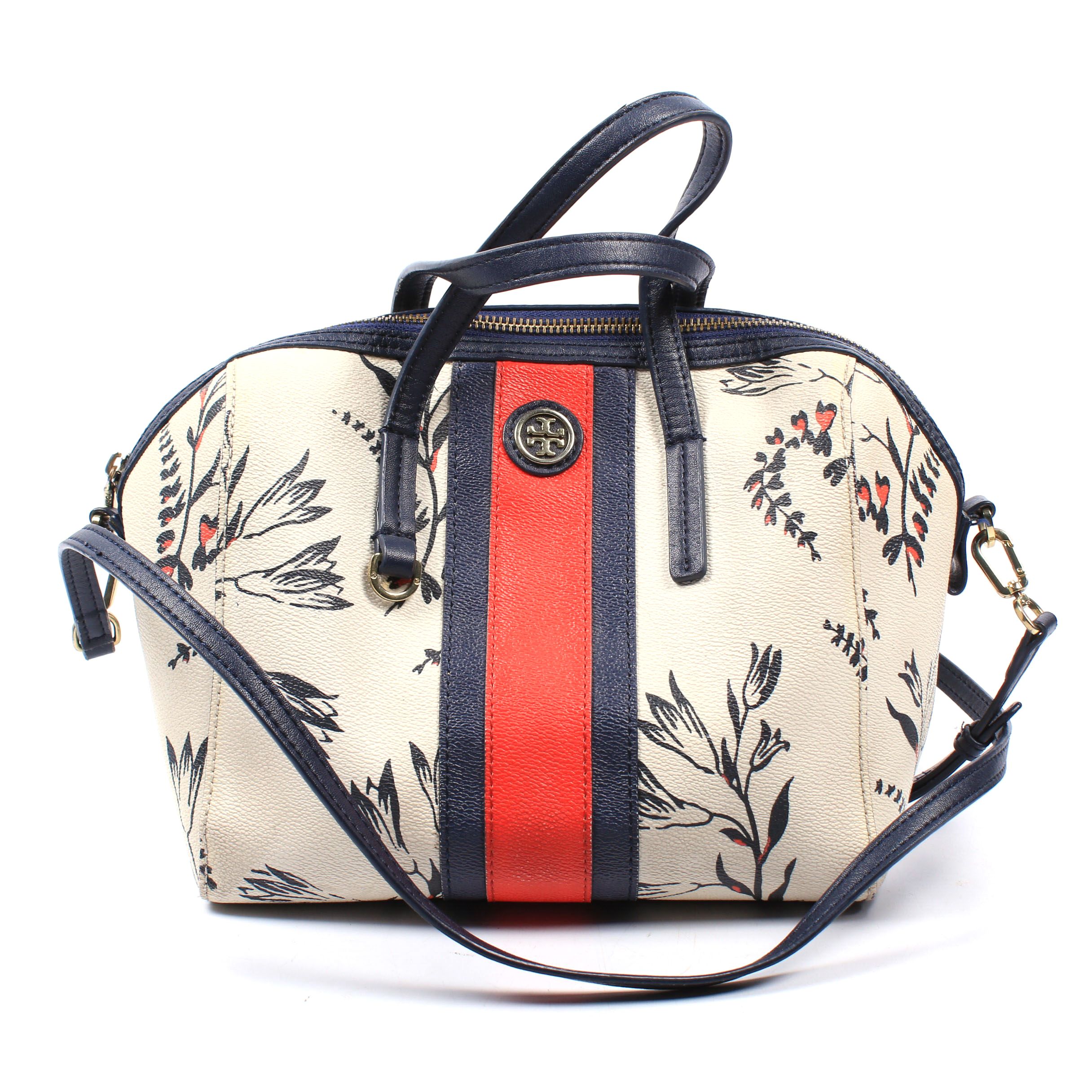 Tory Burch Kerrington Cape Coated Canvas and Navy Blue Leather Satchel