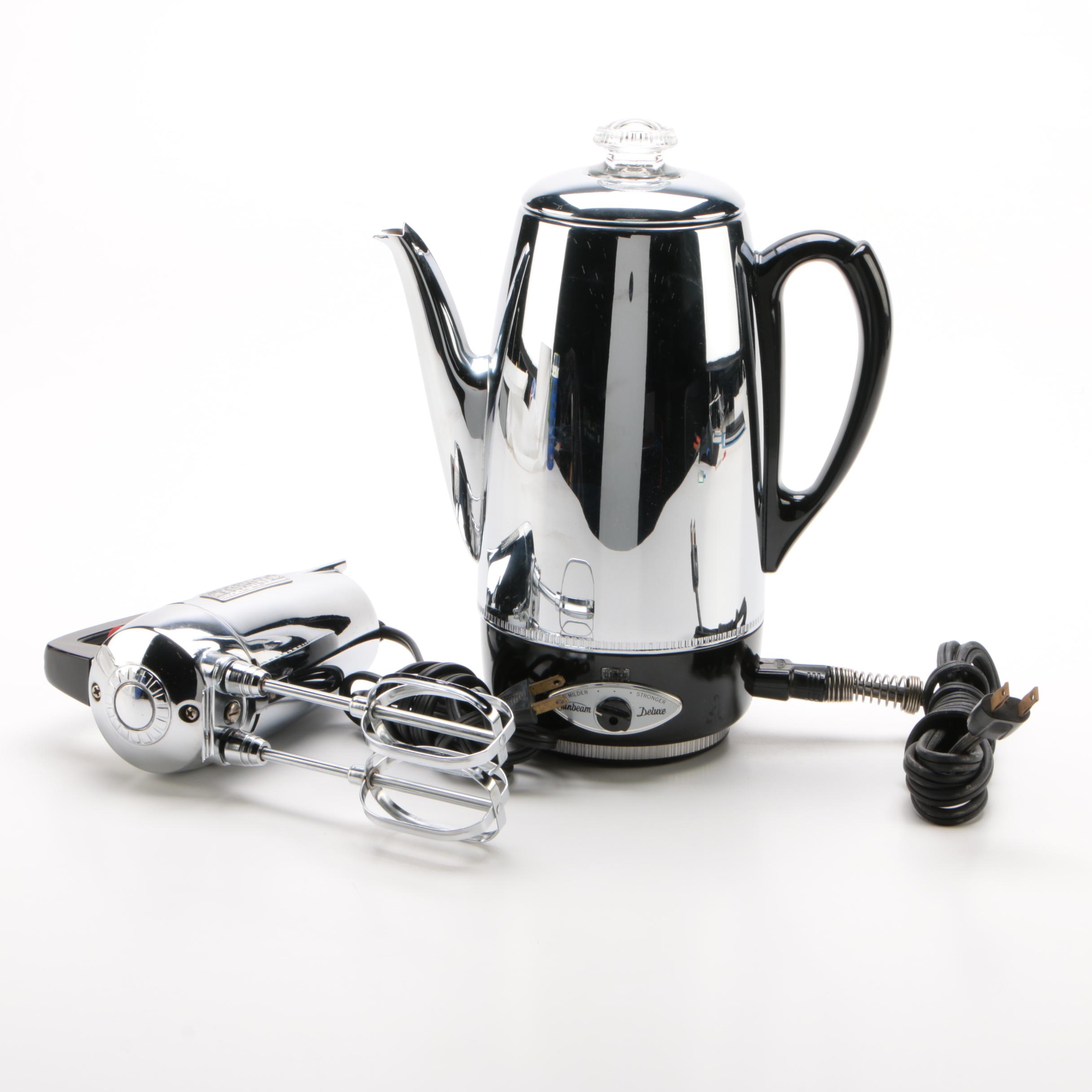 Chrome Sunbeam Deluxe Percolator and Dormey Hand Mixer, Mid-Century