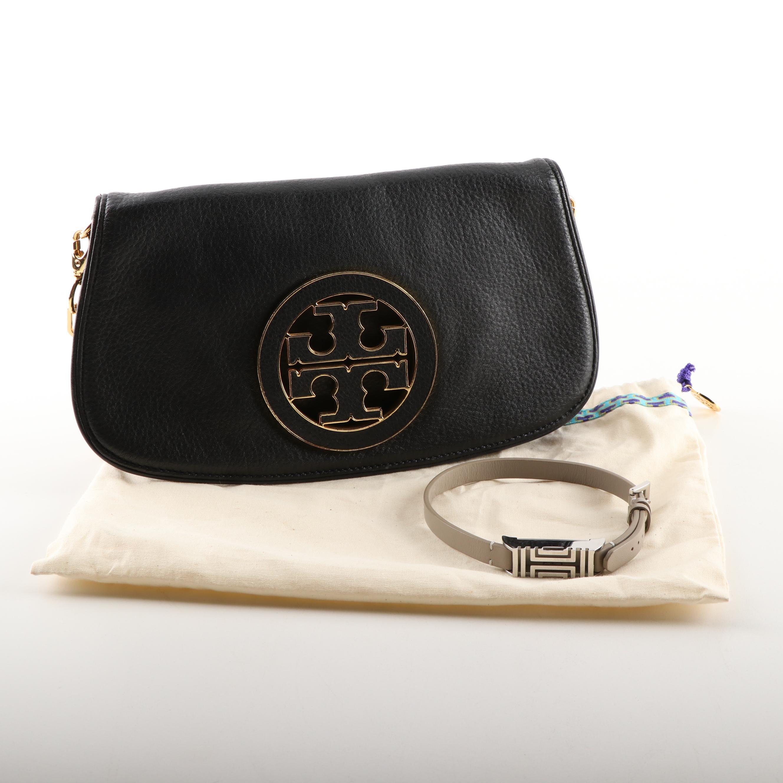 Tory Burch Black Pebble Leather Crossbody and Tory Burch Fitbit Holder Bracelet