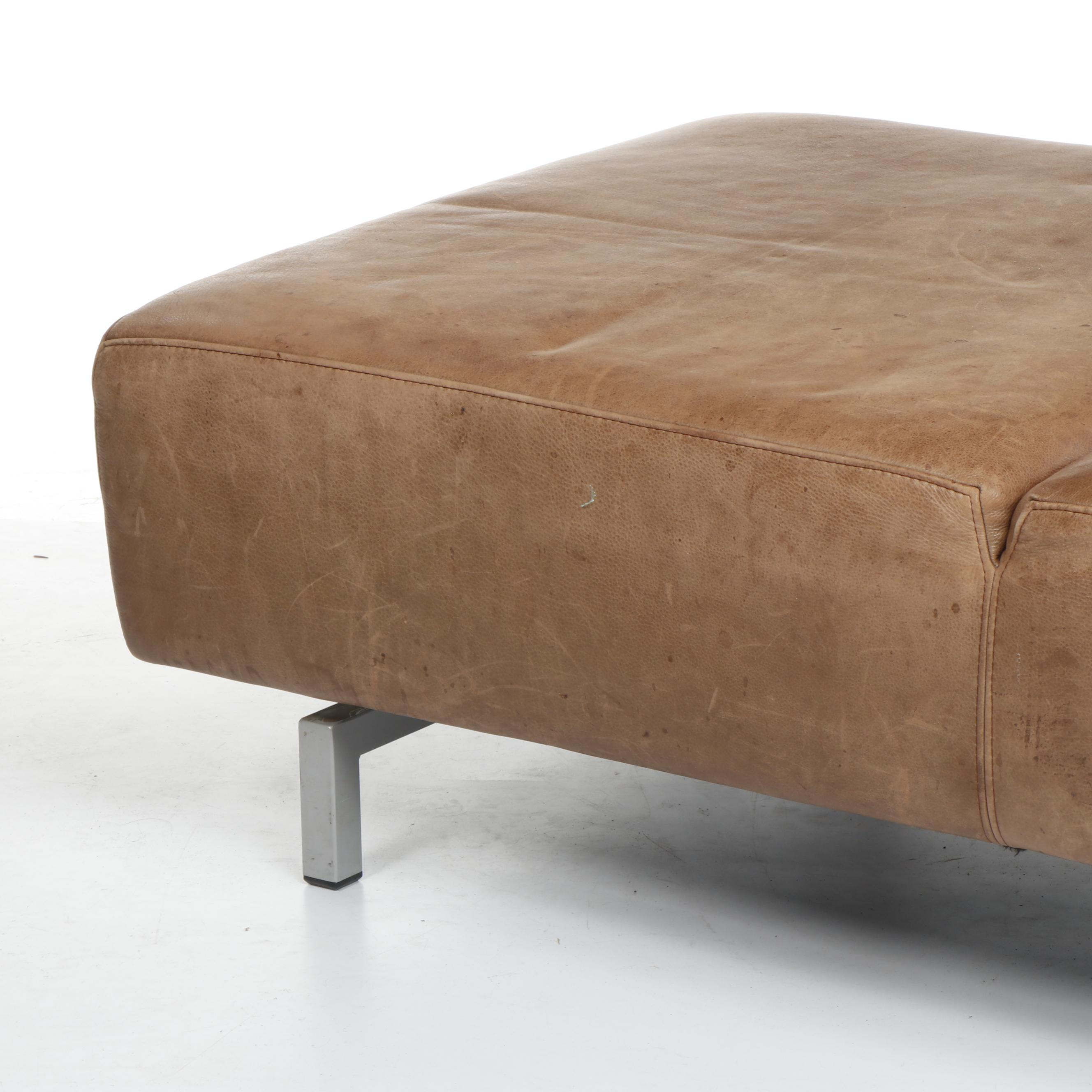 Contemporary Brown Leather Chaise Bench With Metal Legs
