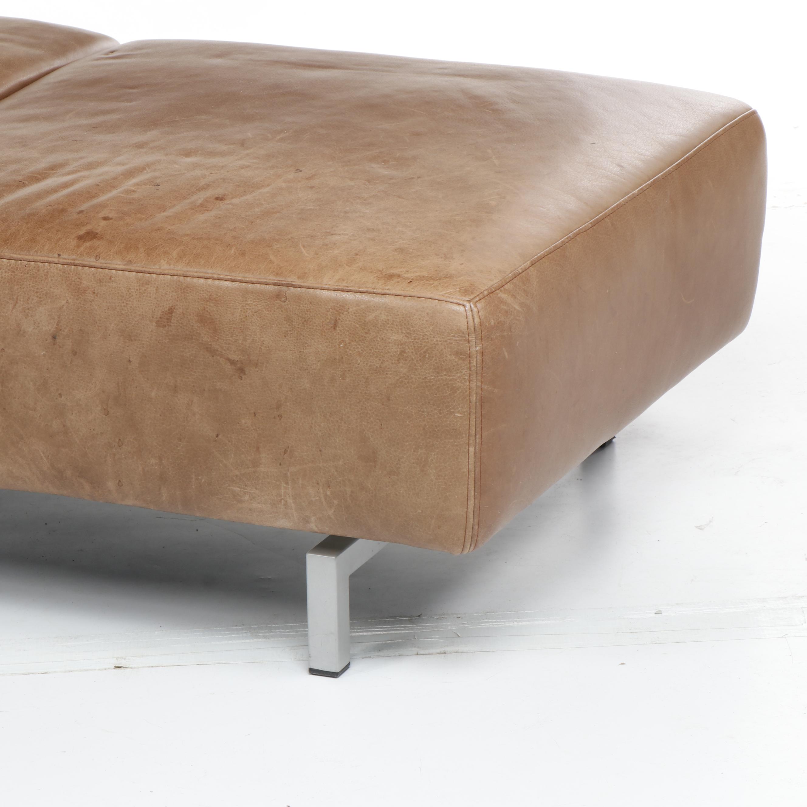 Contemporary Brown Leather Chaise Bench With Metal Legs