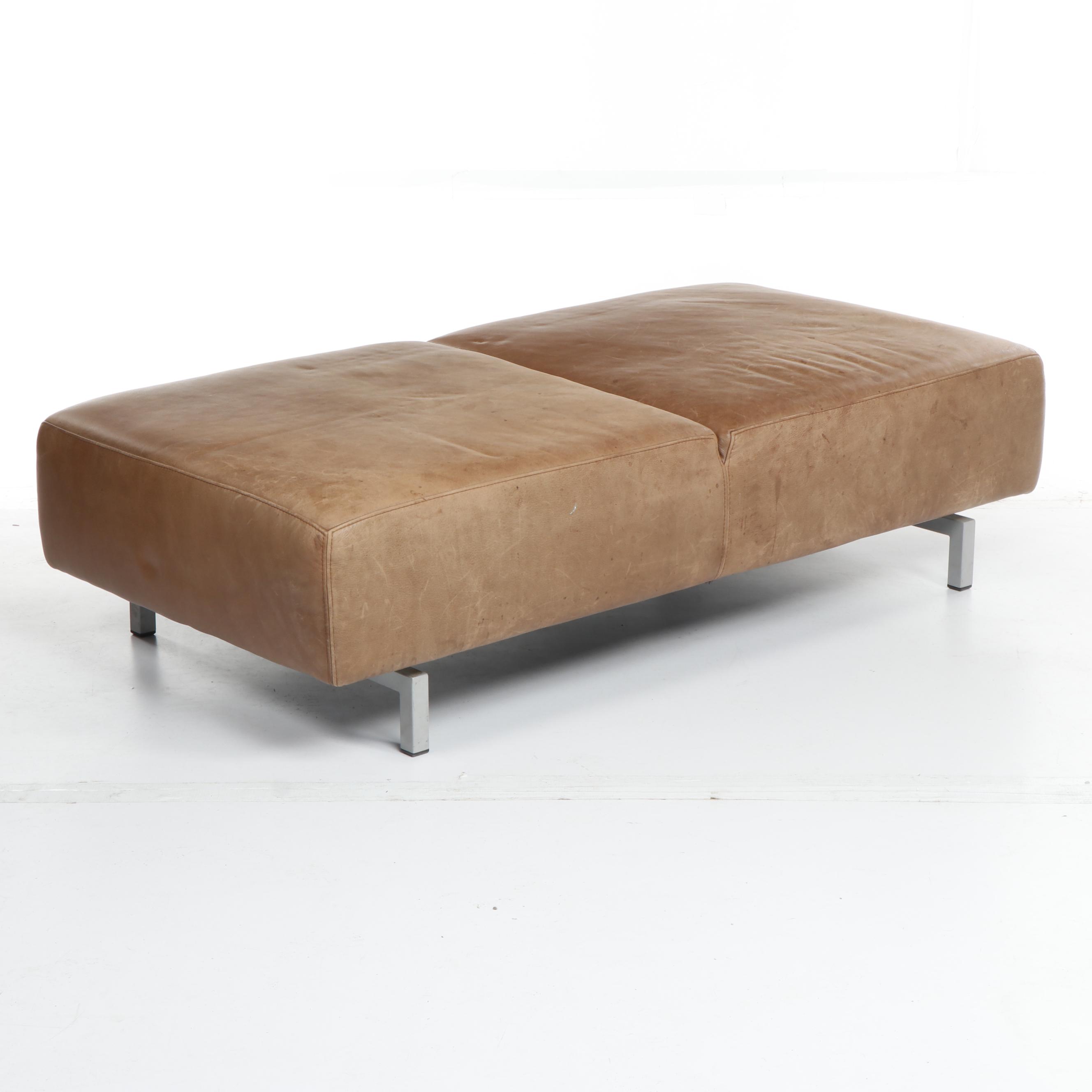 Contemporary Brown Leather Chaise Bench With Metal Legs