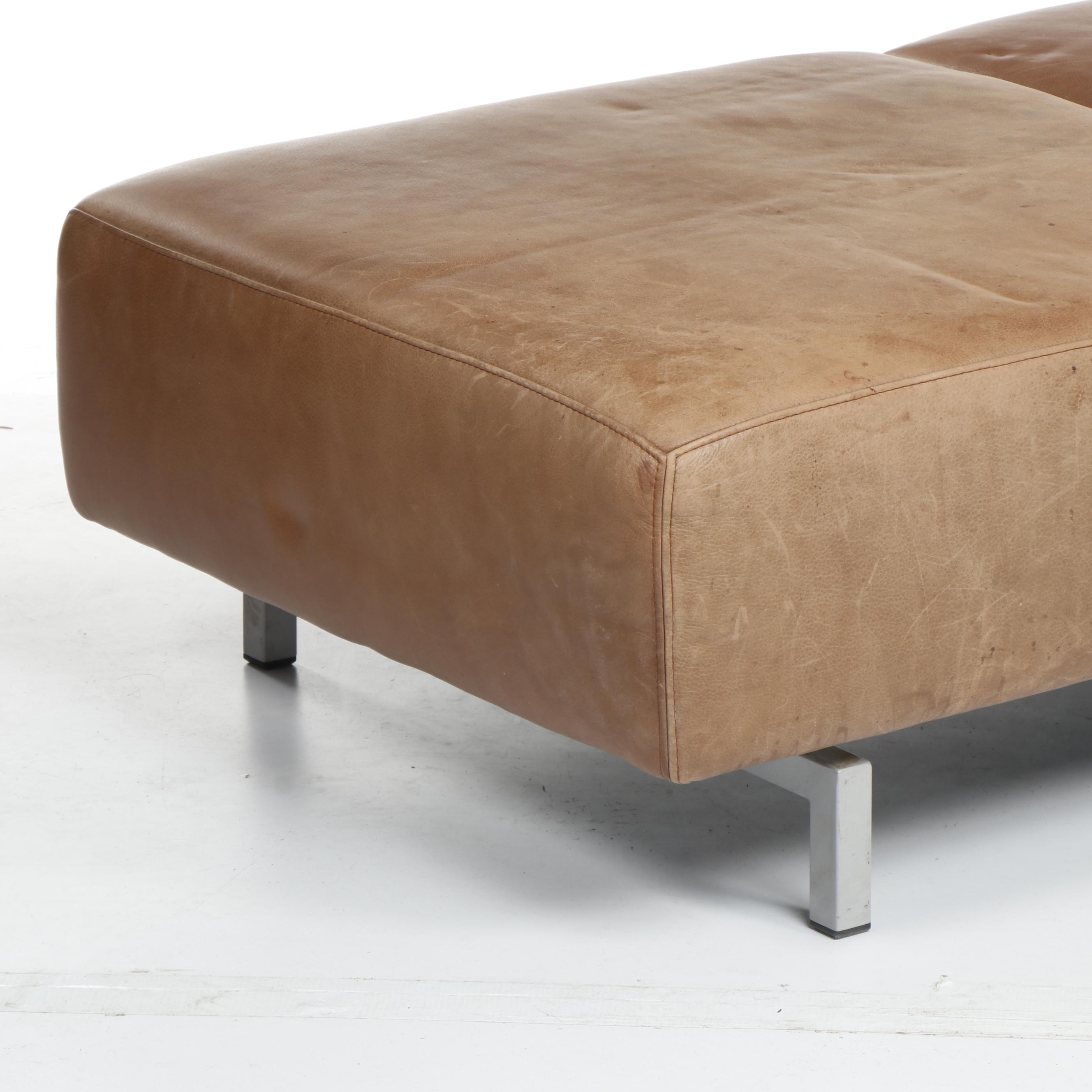 Contemporary Brown Leather Chaise Bench With Metal Legs