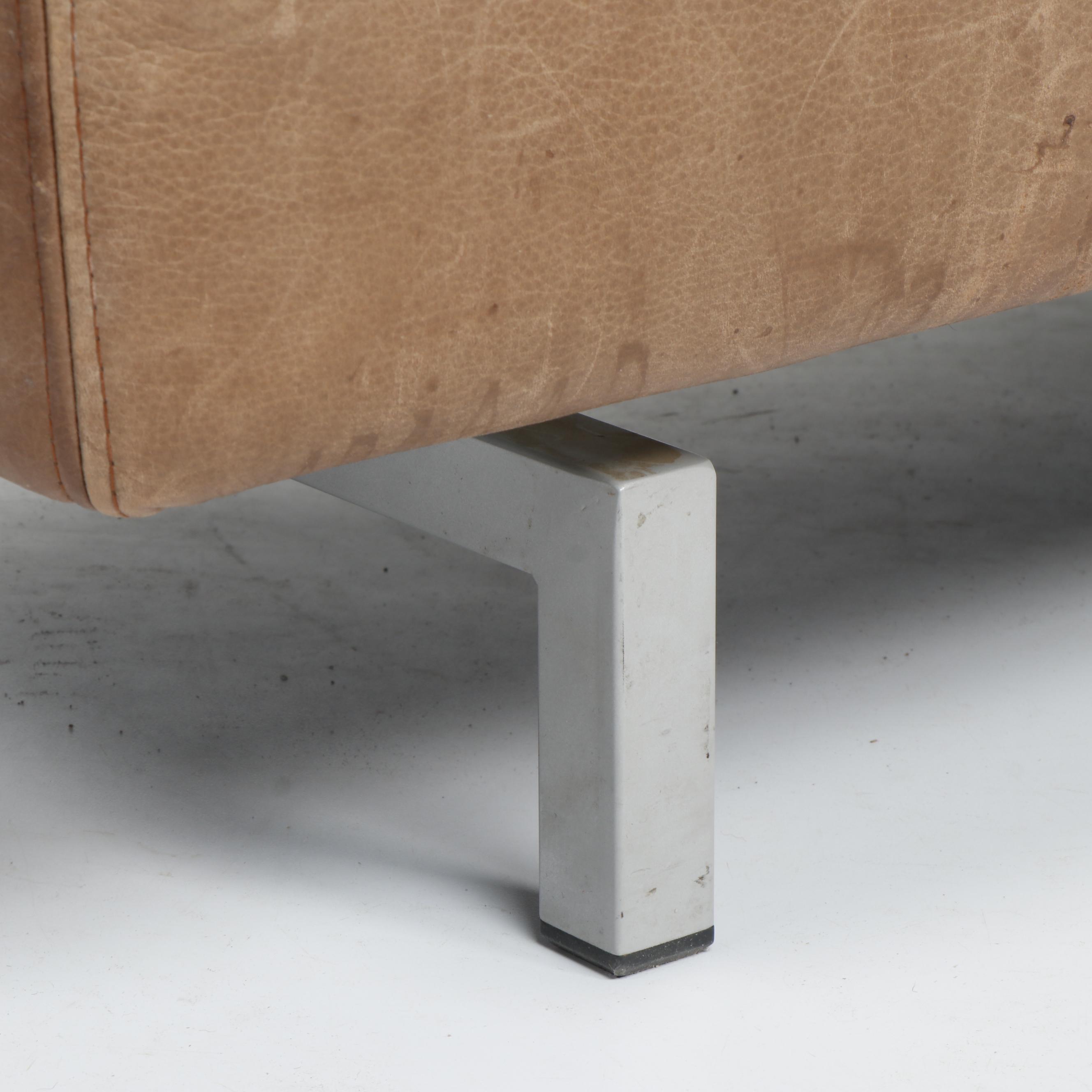 Contemporary Brown Leather Chaise Bench With Metal Legs