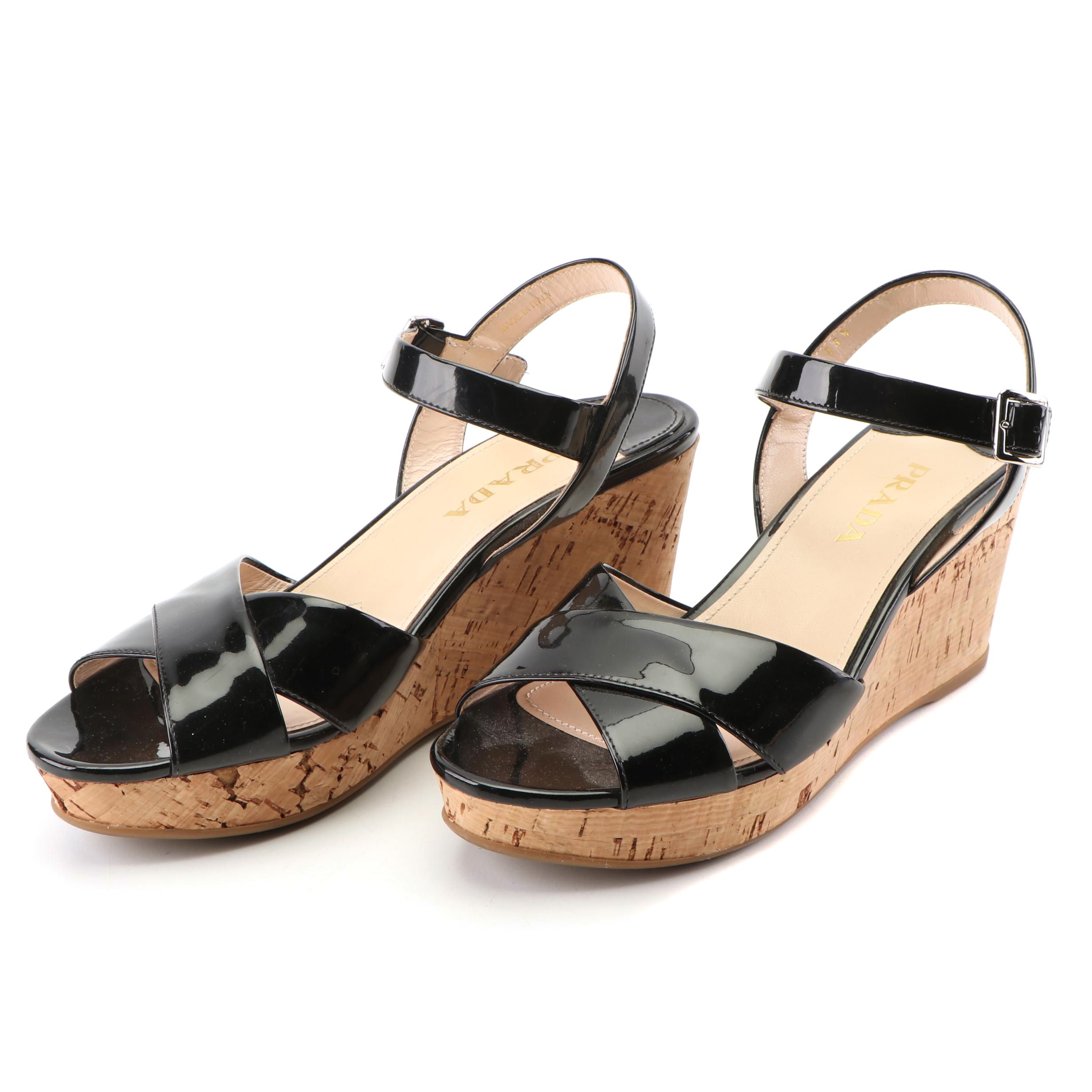 Prada Black Patent Leather Cork Wedge Sandals