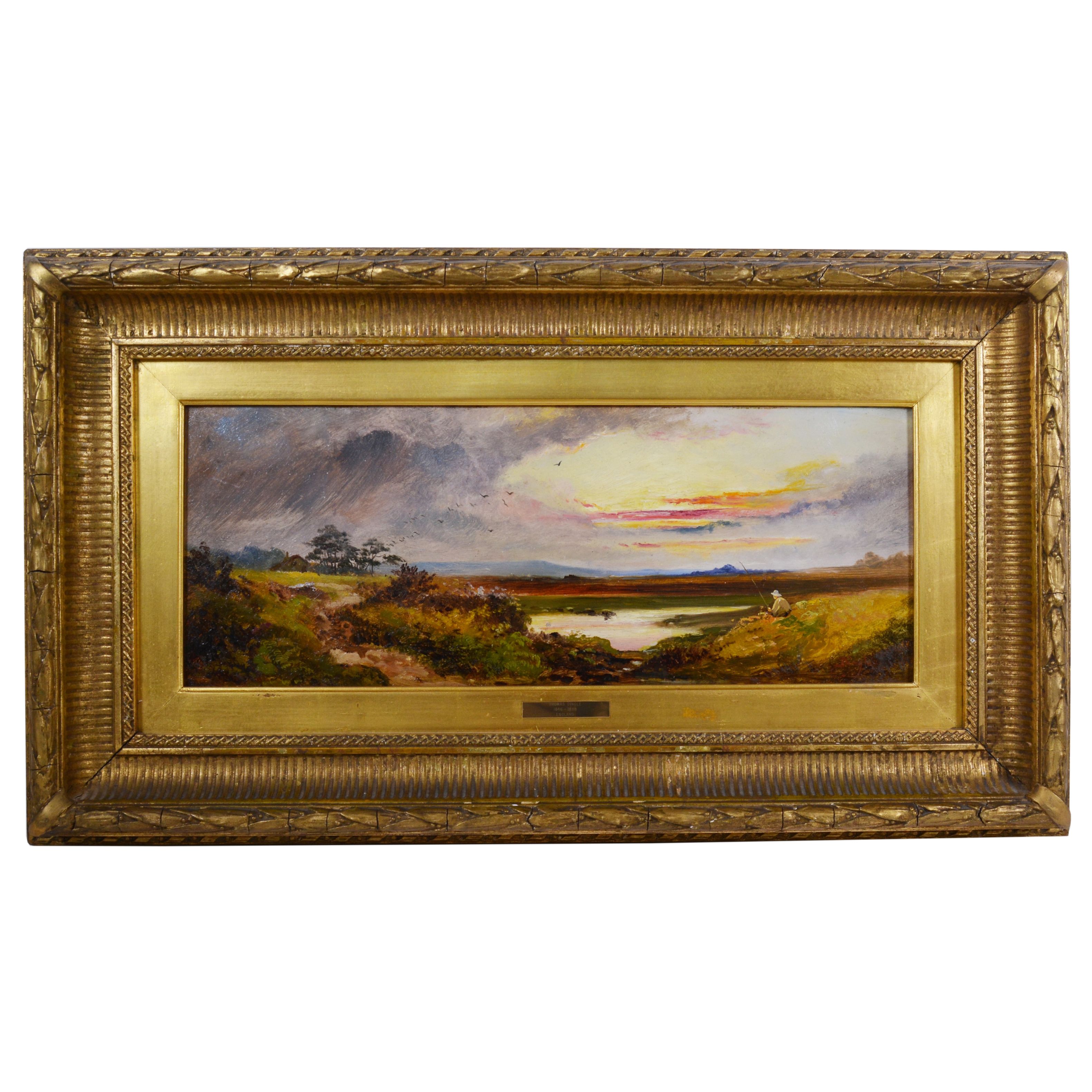 Thomas Dingle Oil Painting of Sunset Landscape with Fisherman, 19th Century