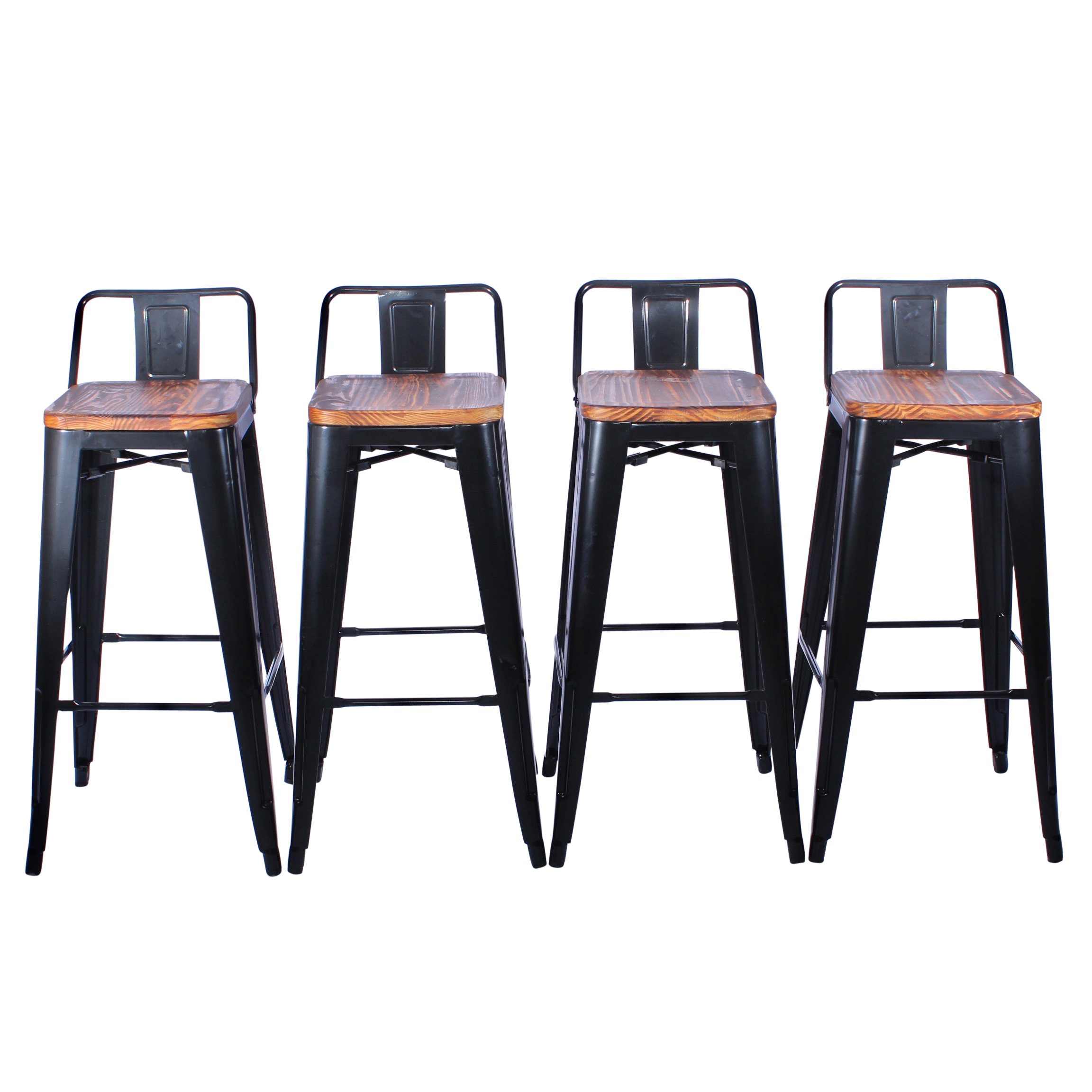 Four "Metropolis" Low-Back Bar Stools With Wood Seats, Contemporary