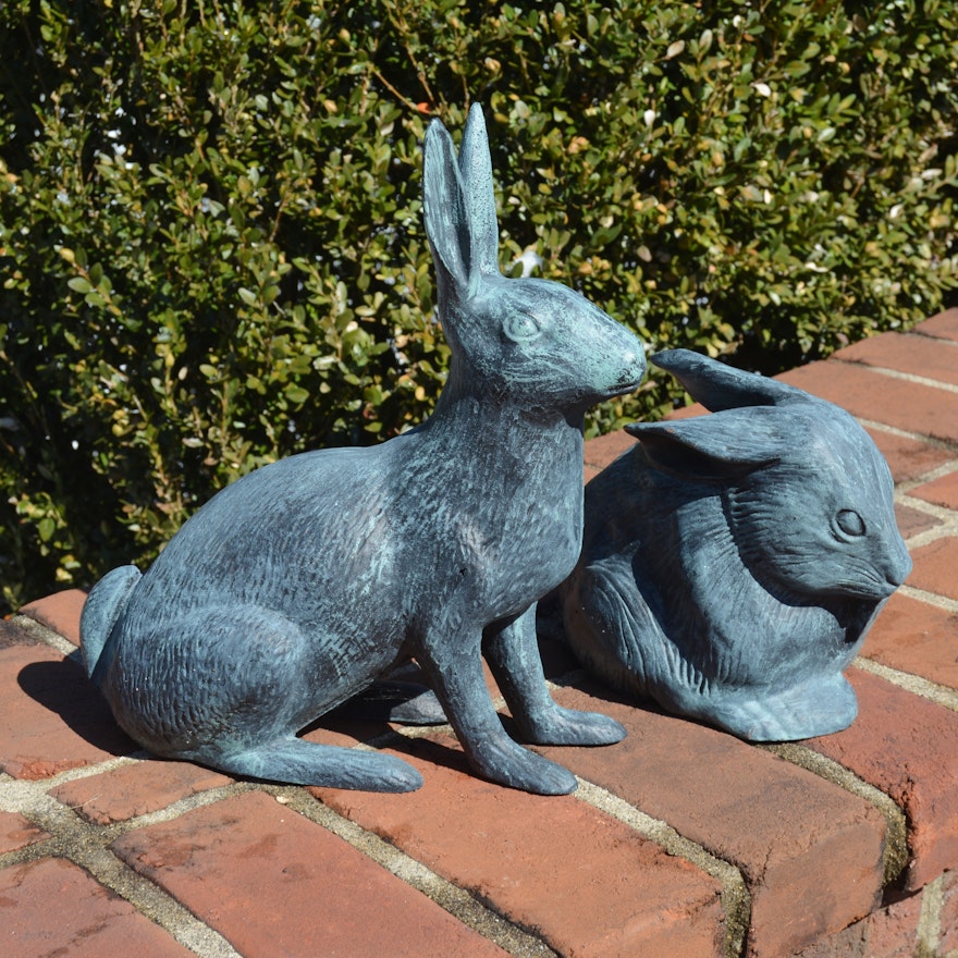 Outdoor Iron Hare and Ceramic Rabbit Figures