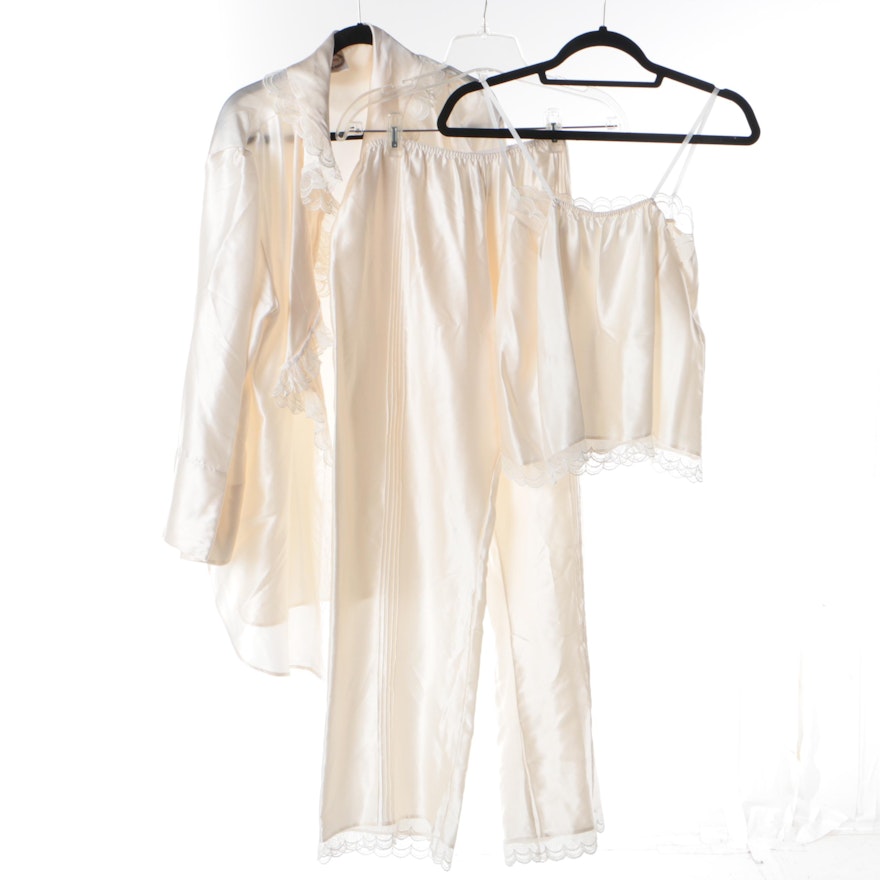 Women's Cobannau Ltd. Ivory Silk Three-Piece Pajama Set with Lace Trim