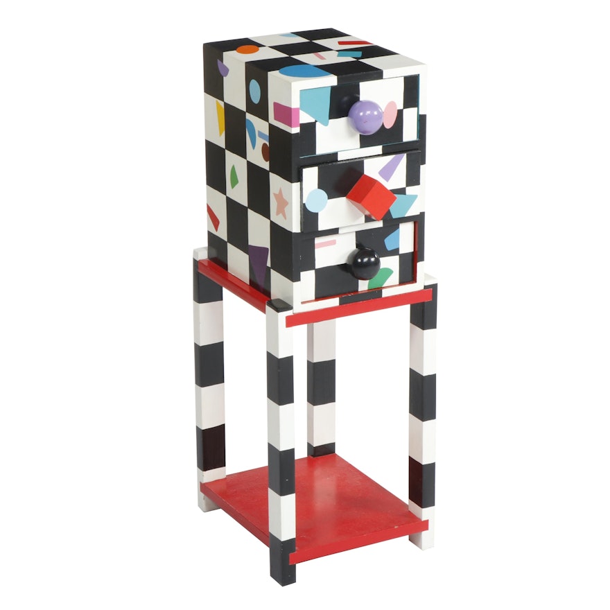 Memphis Style Colorful Painted Geometric Shape Side Table With Drawers, C. 1980s