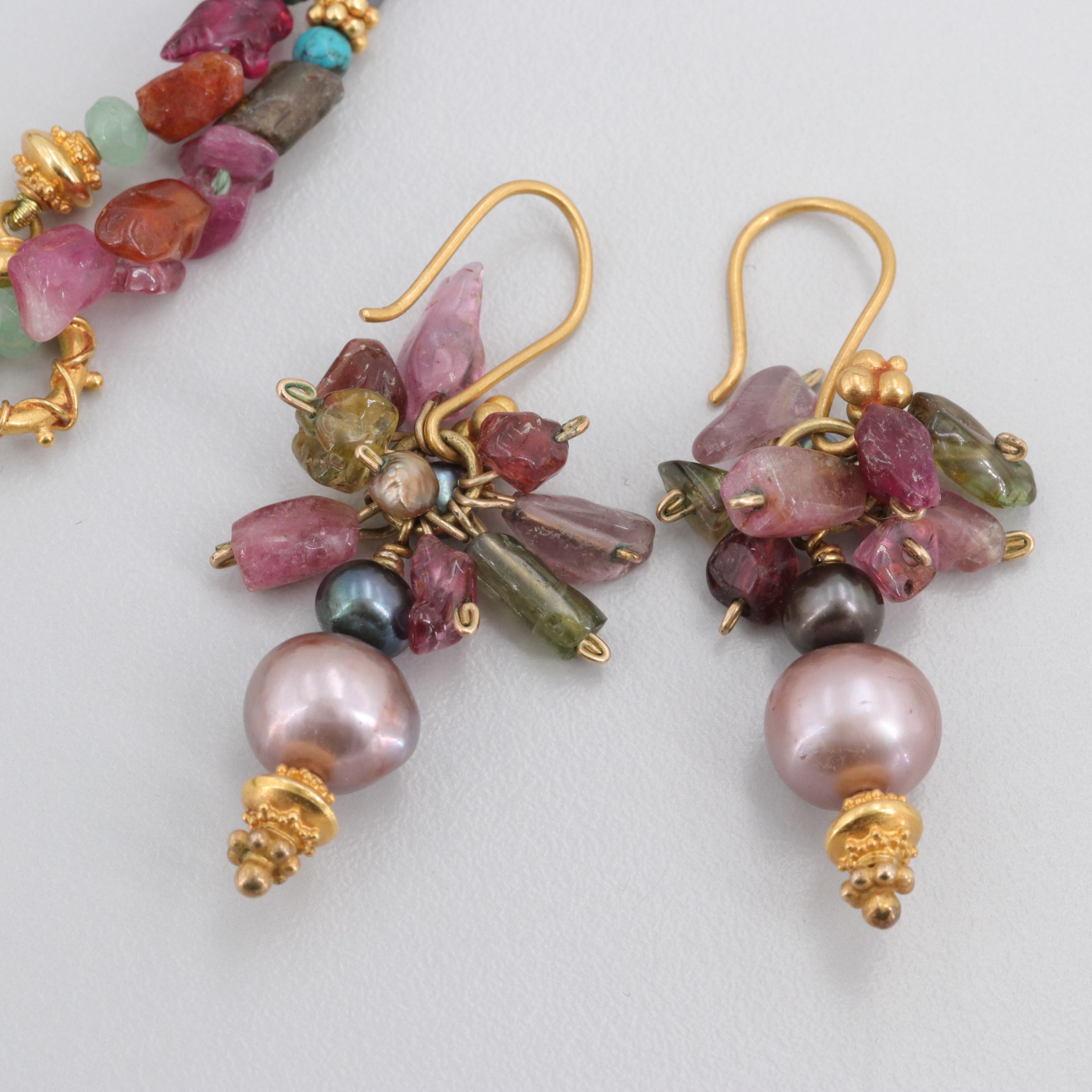 18K Gold Sarah Squeri Designed Lariat Necklace and Earring Set