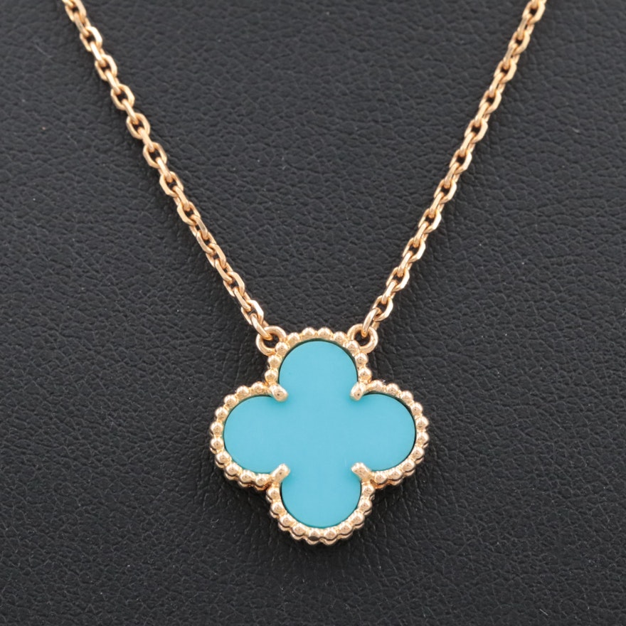 Van Cleef & Arpels 18K Yellow Gold "Alhambra" Turquoise Pendant Necklace