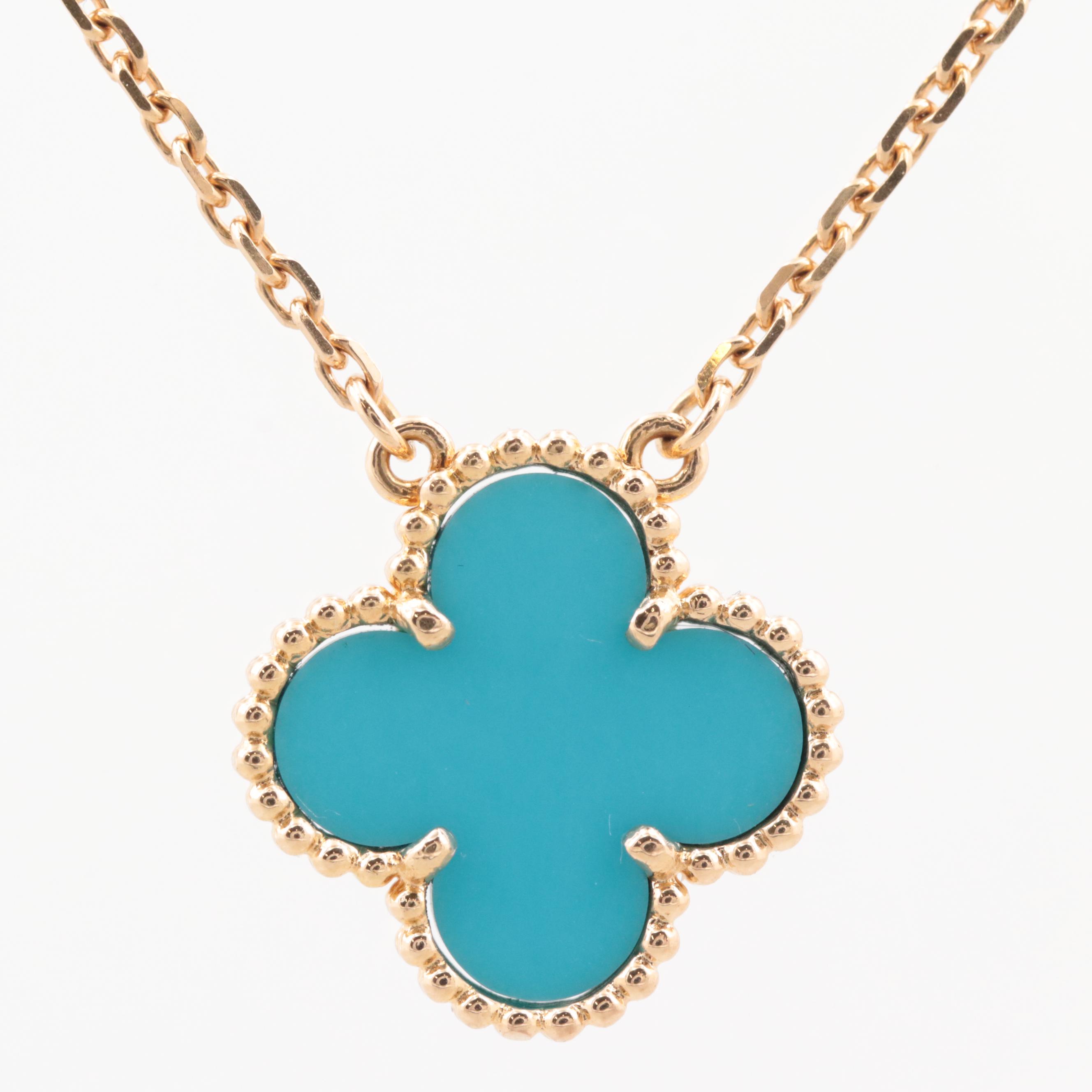 Van Cleef & Arpels 18K Yellow Gold "Alhambra" Turquoise Pendant Necklace